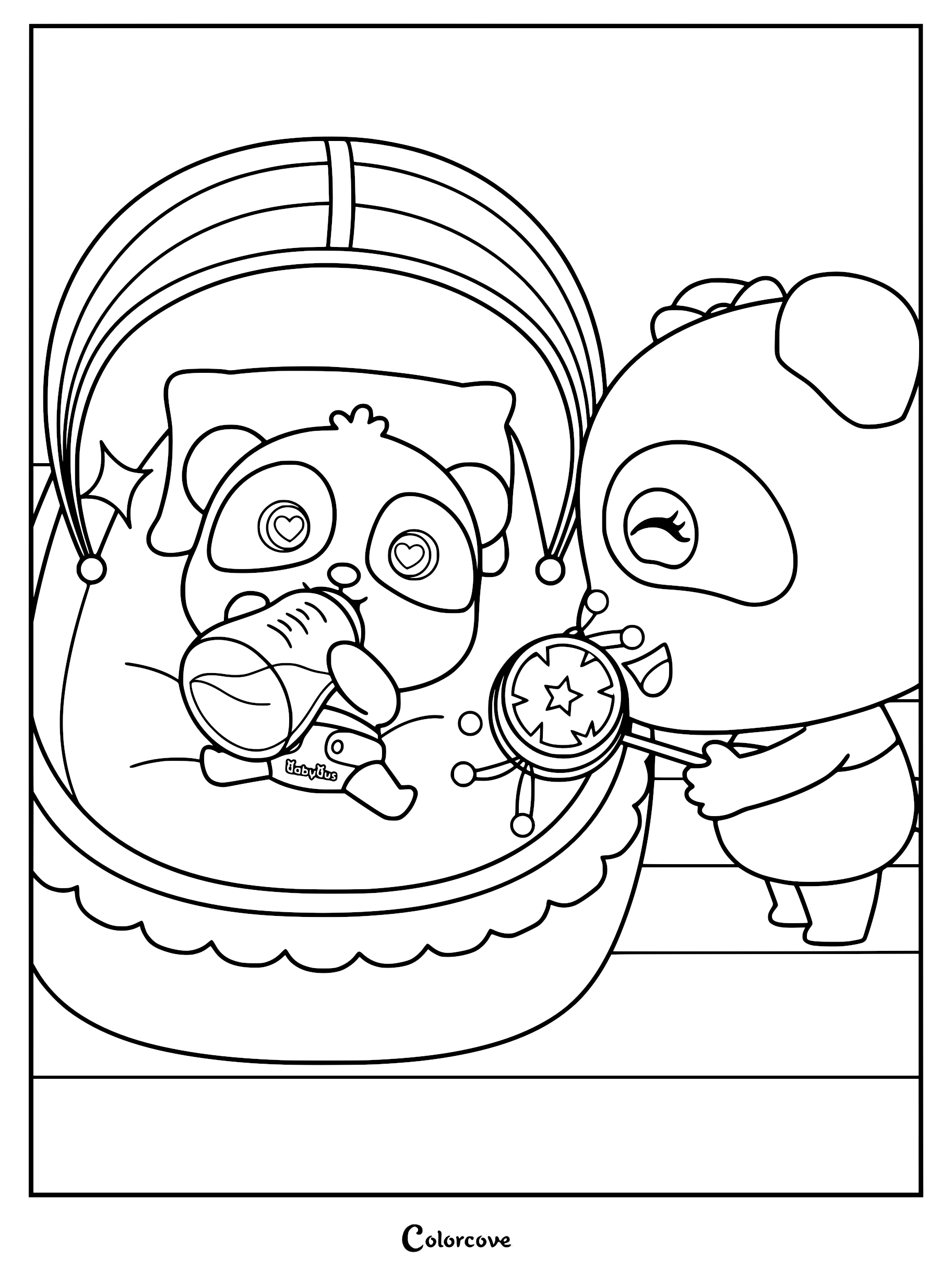 Miumiu playing with a rattle for Baby Panda in his crib, printable coloring page.