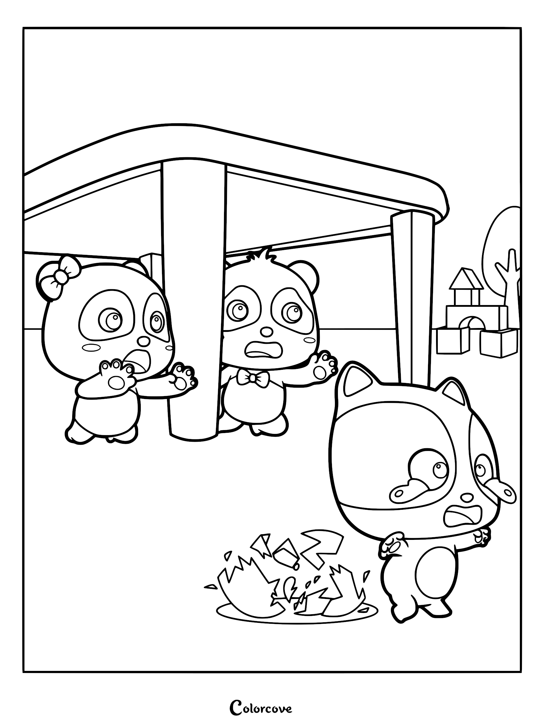 Miumiu and Kiki hiding under a table while Mimi the cat reacts to broken items in this BabyBus earthquake safety drill coloring page.