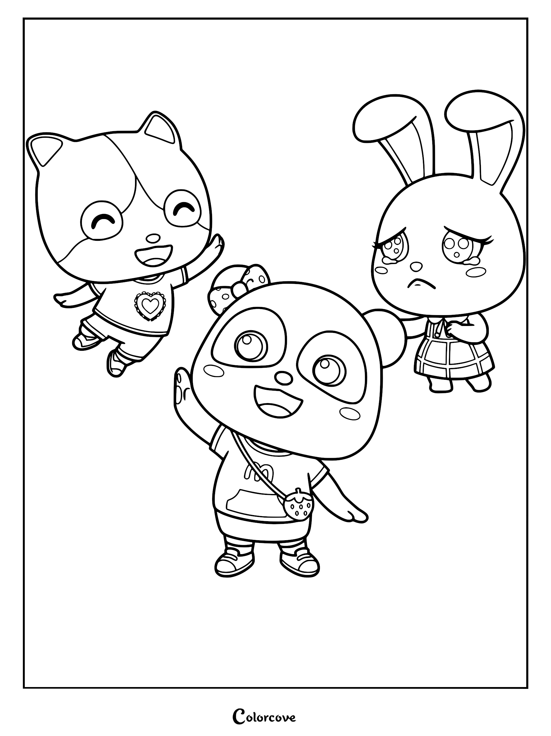 Miumiu waving while Mimi jumps for joy and Momo cries in this BabyBus coloring page.