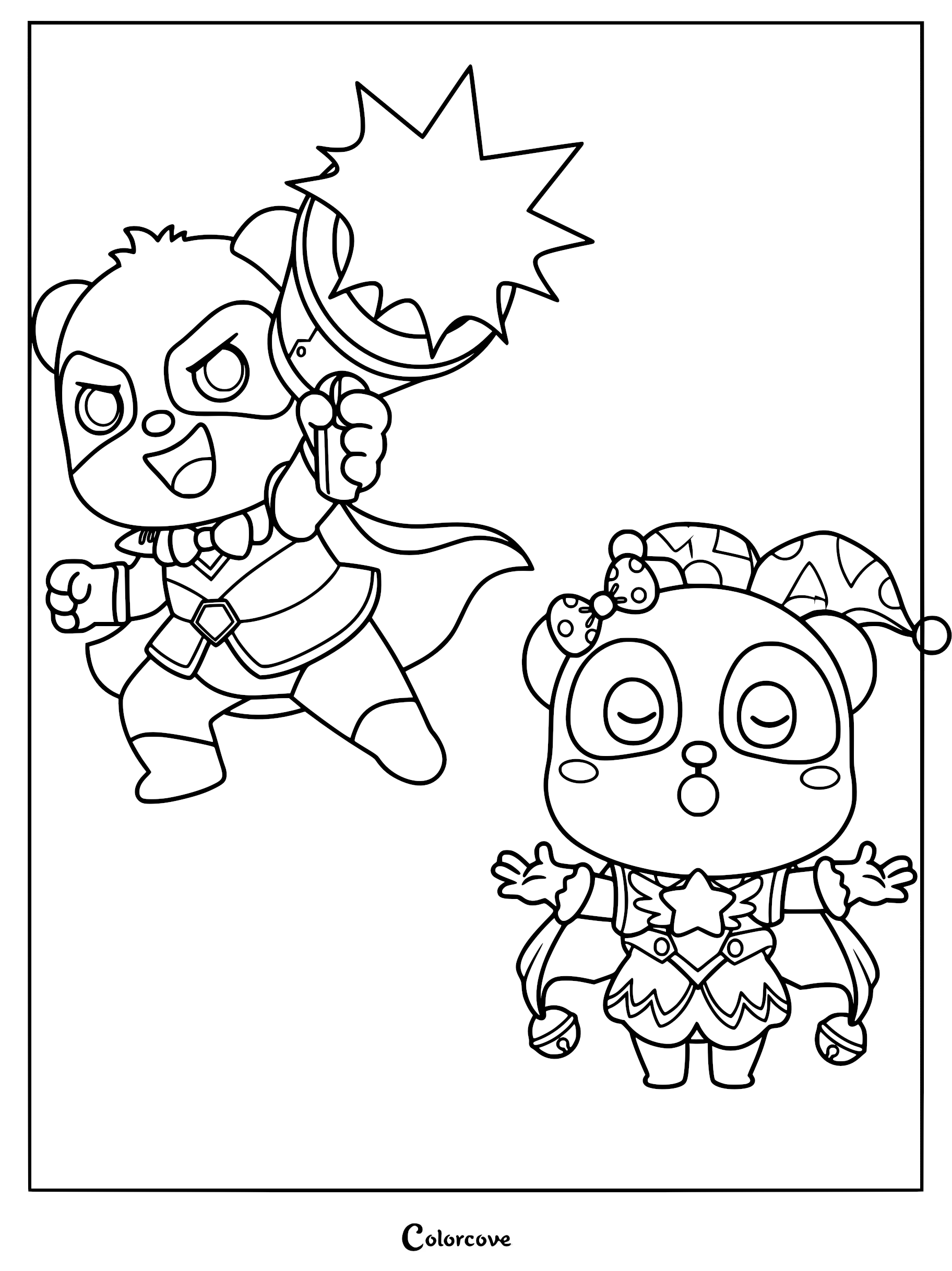 Superhero Kiki holding a megaphone and Superhero Miumiu in a jester hat on a printable coloring page.