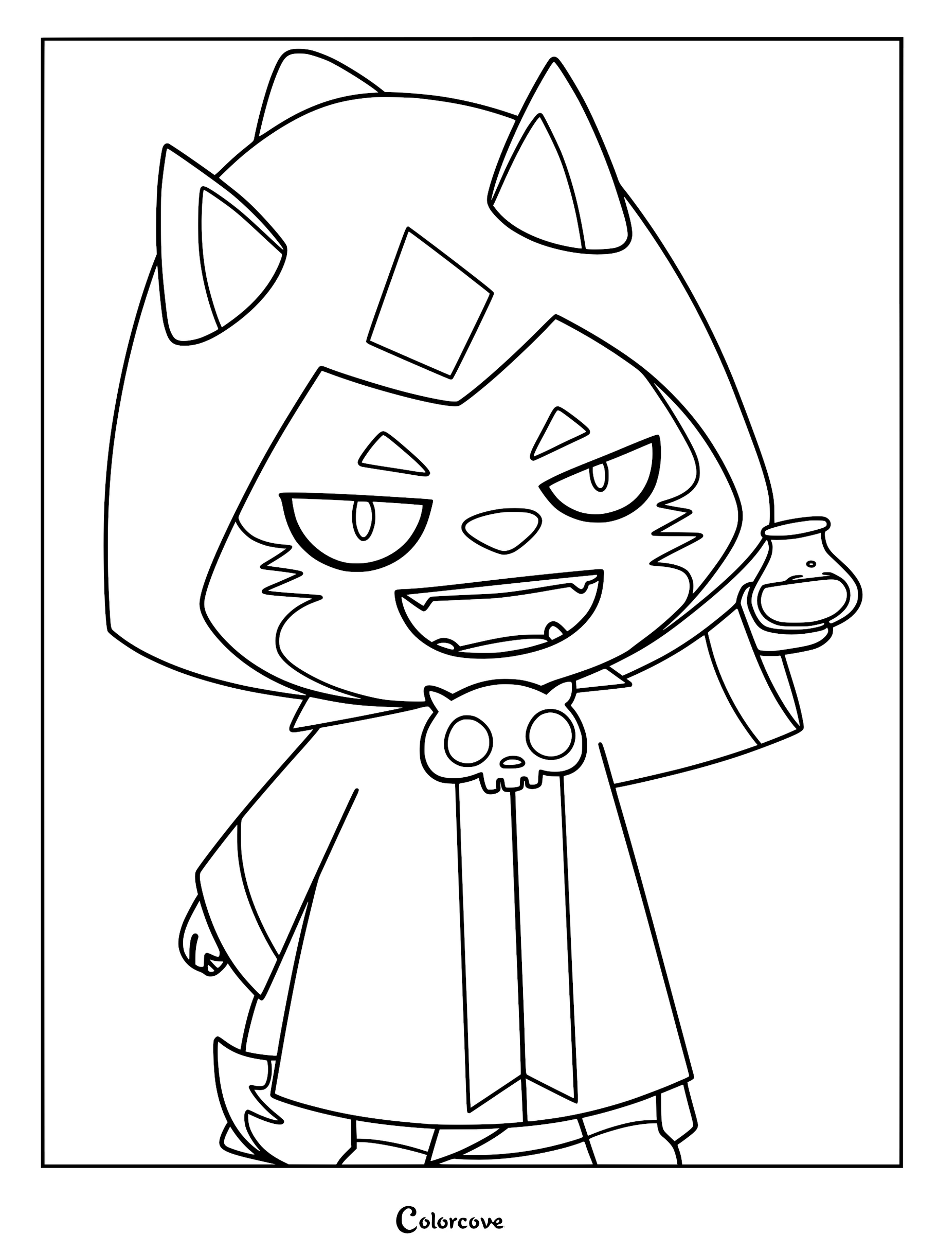 The Devil King from Math Kingdom Adventure wearing a hooded cloak and skull brooch, holding a potion bottle in this printable coloring page.