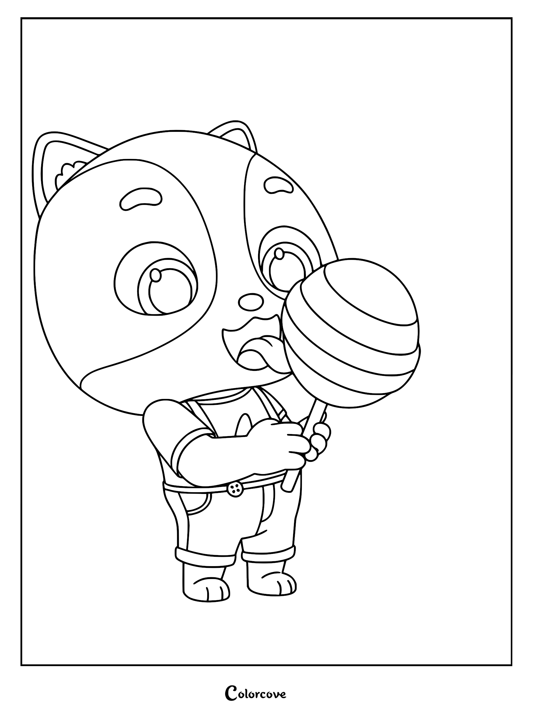 Timi from BabyBus holding and licking a large round striped lollipop, printable coloring page for kids.