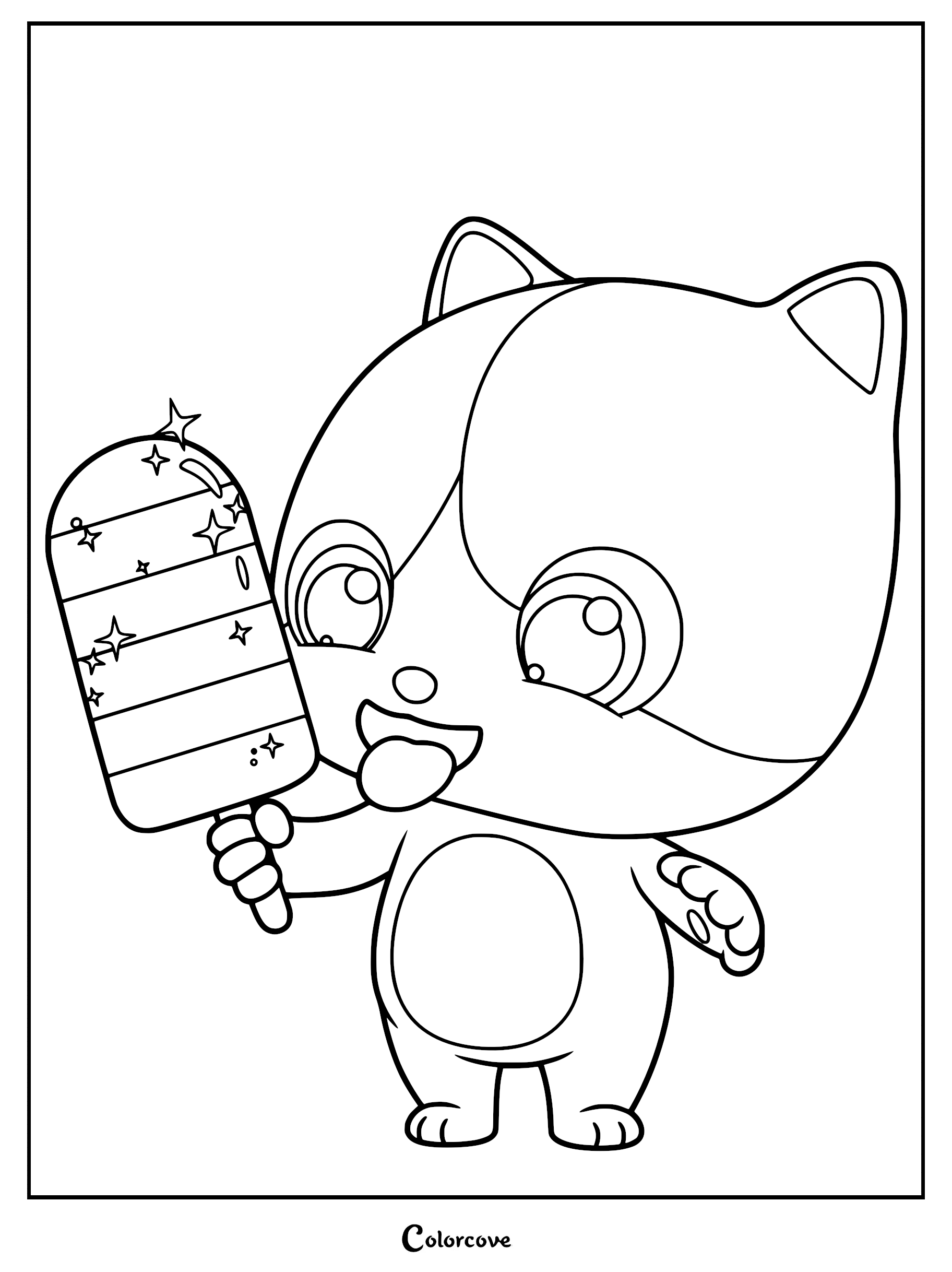 Timi from The MeowMi Family Show holding a sparkling popsicle and sticking his tongue out in this printable coloring page.