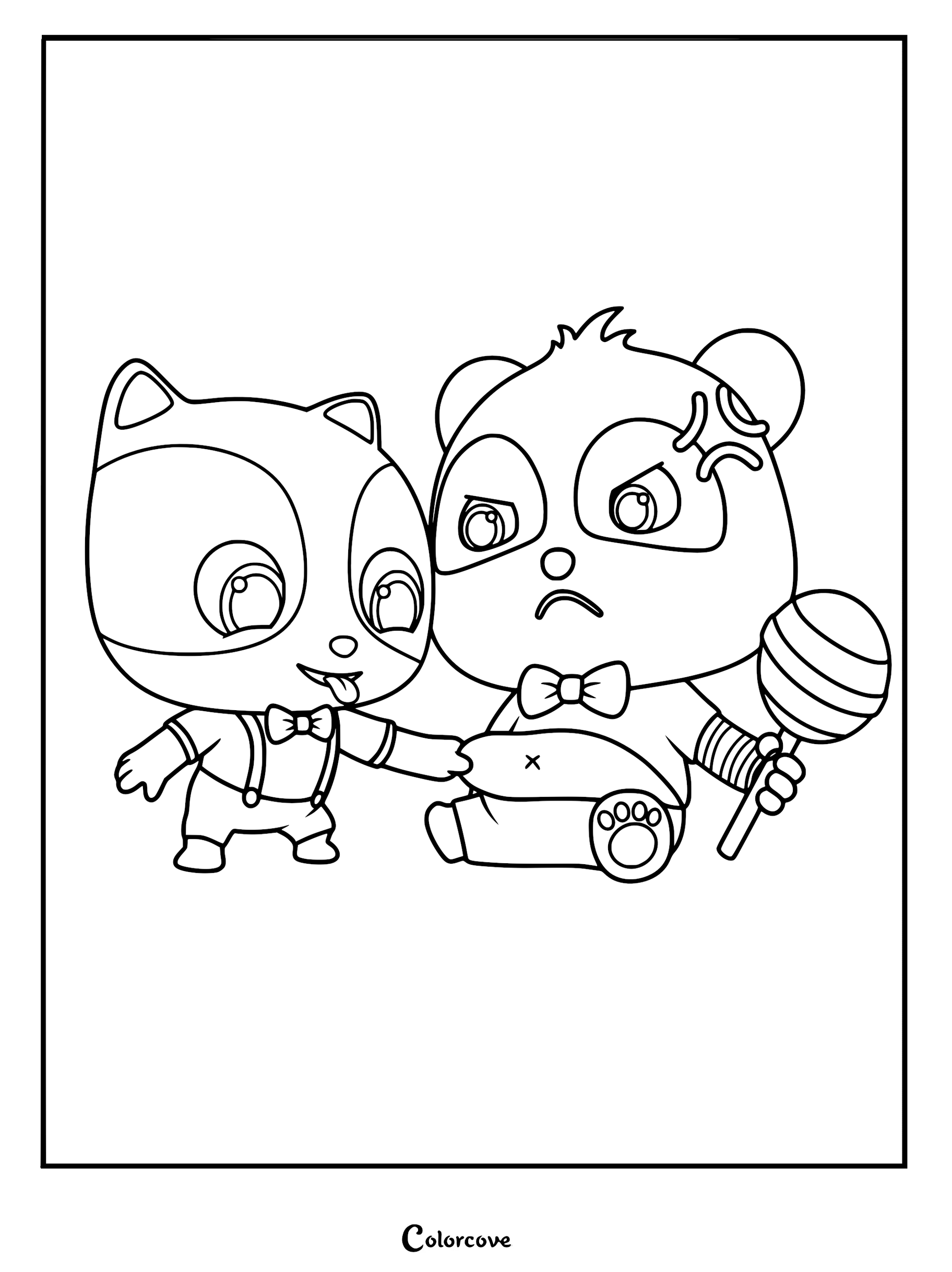 Timi the kitten playfully pinching Kiki the panda's belly in this printable BabyBus coloring page.