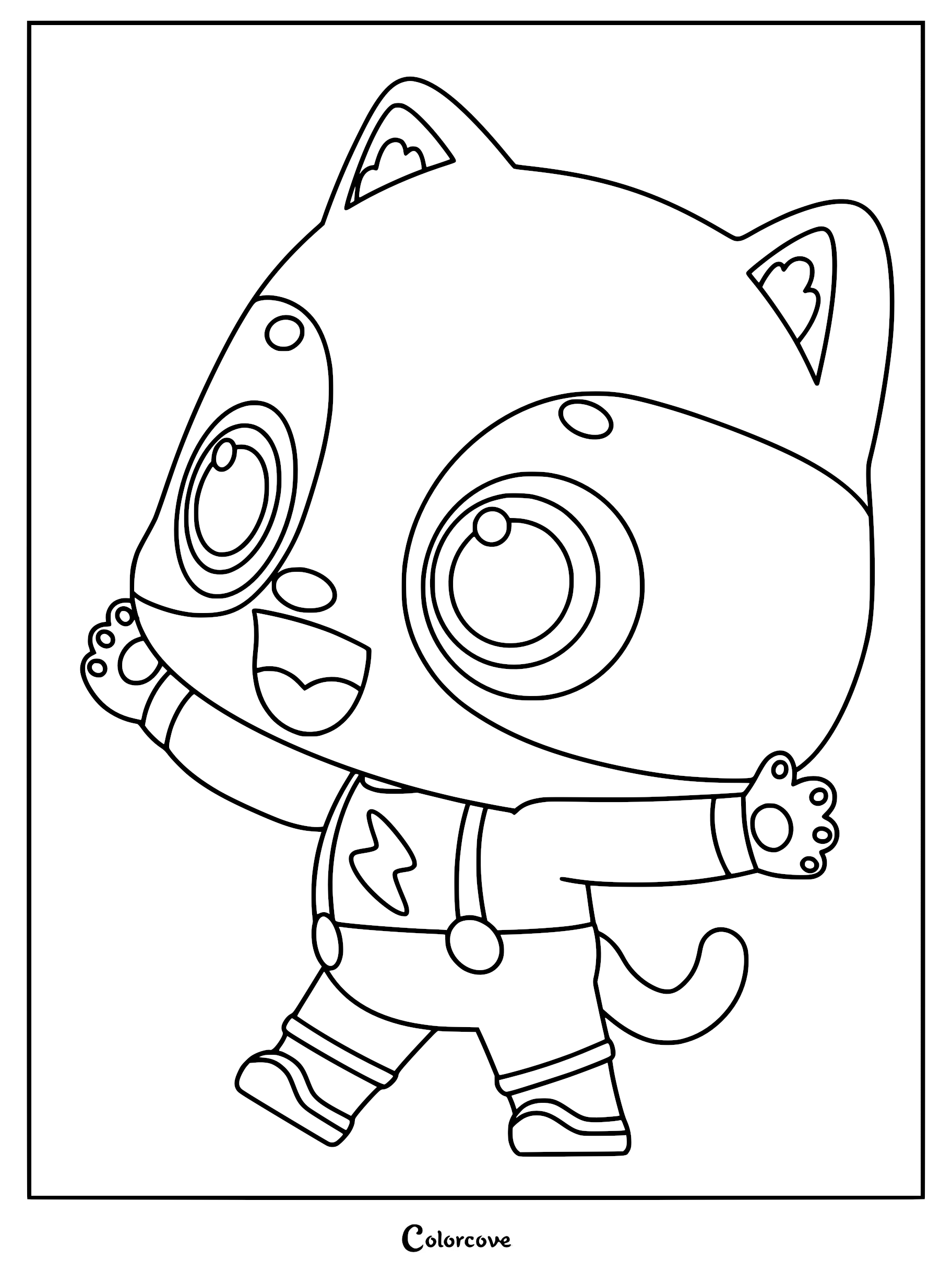 Timi from The MeowMi Family Show with a happy expression and arms outstretched, featured in a clean line art coloring page.