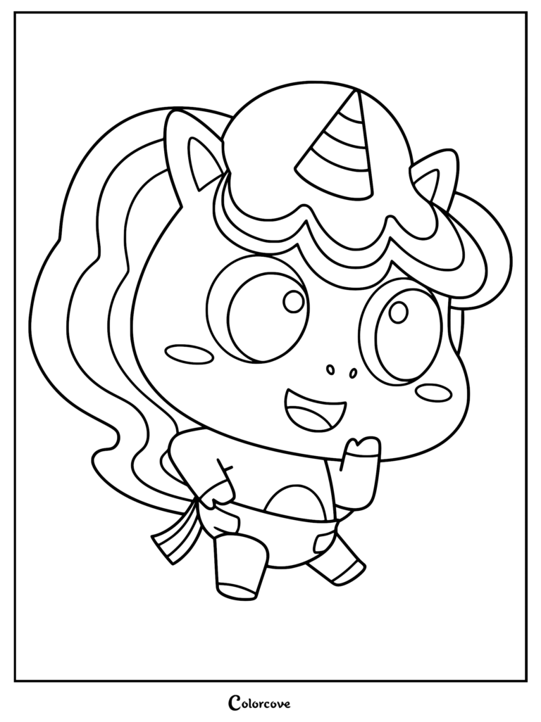 Yoyo the Baby Unicorn wearing a diaper in this printable coloring page for kids.