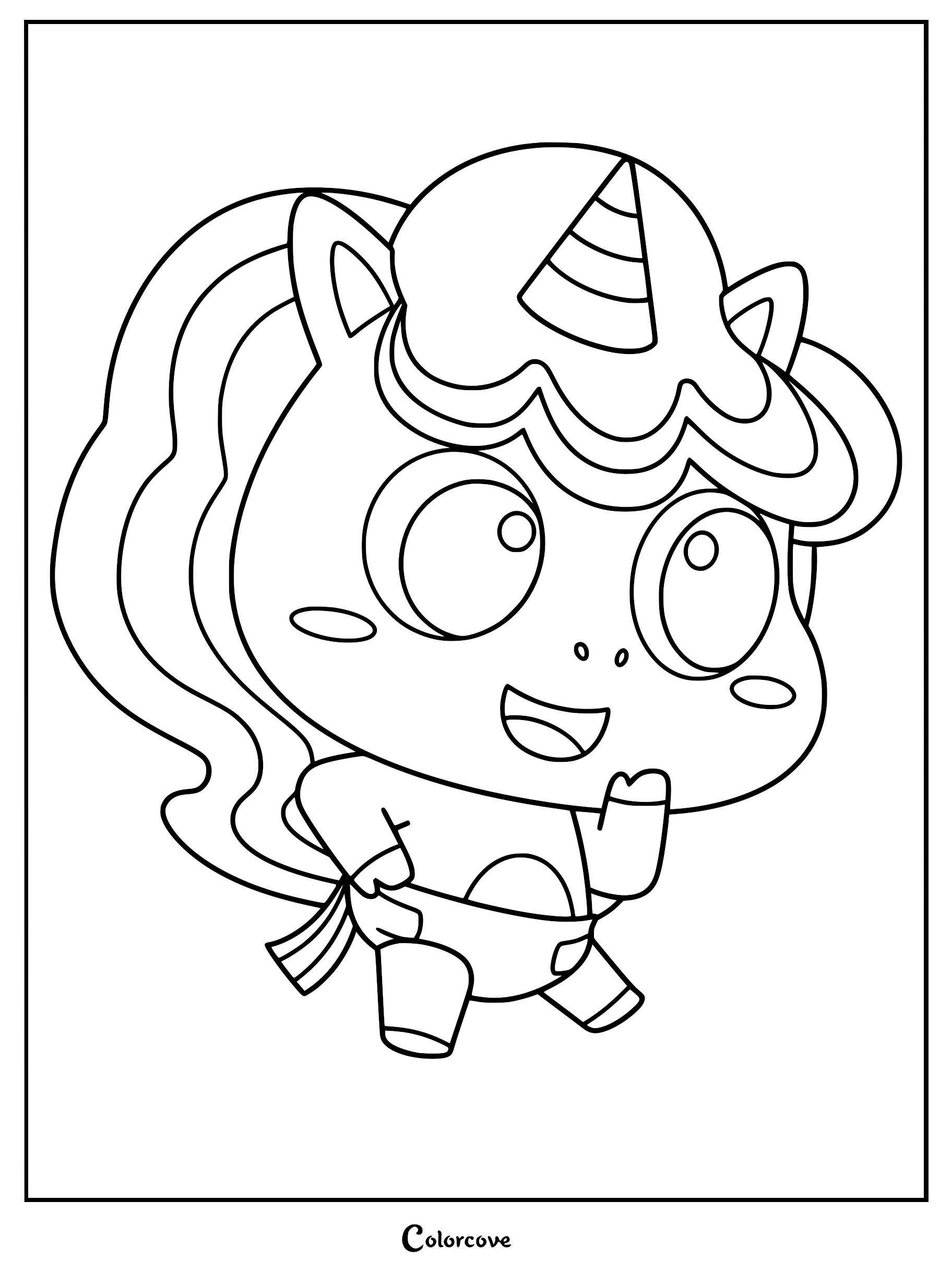 Yoyo the Baby Unicorn wearing a diaper in this printable coloring page for kids.