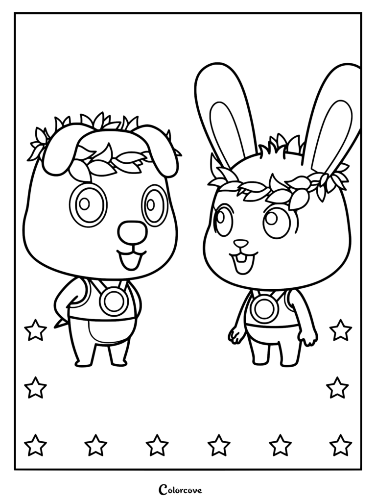Bryan the dog and Momo the bunny wearing leaf crowns and medals in this printable coloring page featuring star decorations.