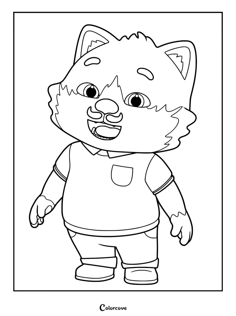 Daddy Cat from the MeowMi Family Show standing and smiling, printable coloring page featuring the mustachioed cat character wearing a collared shirt and pants.