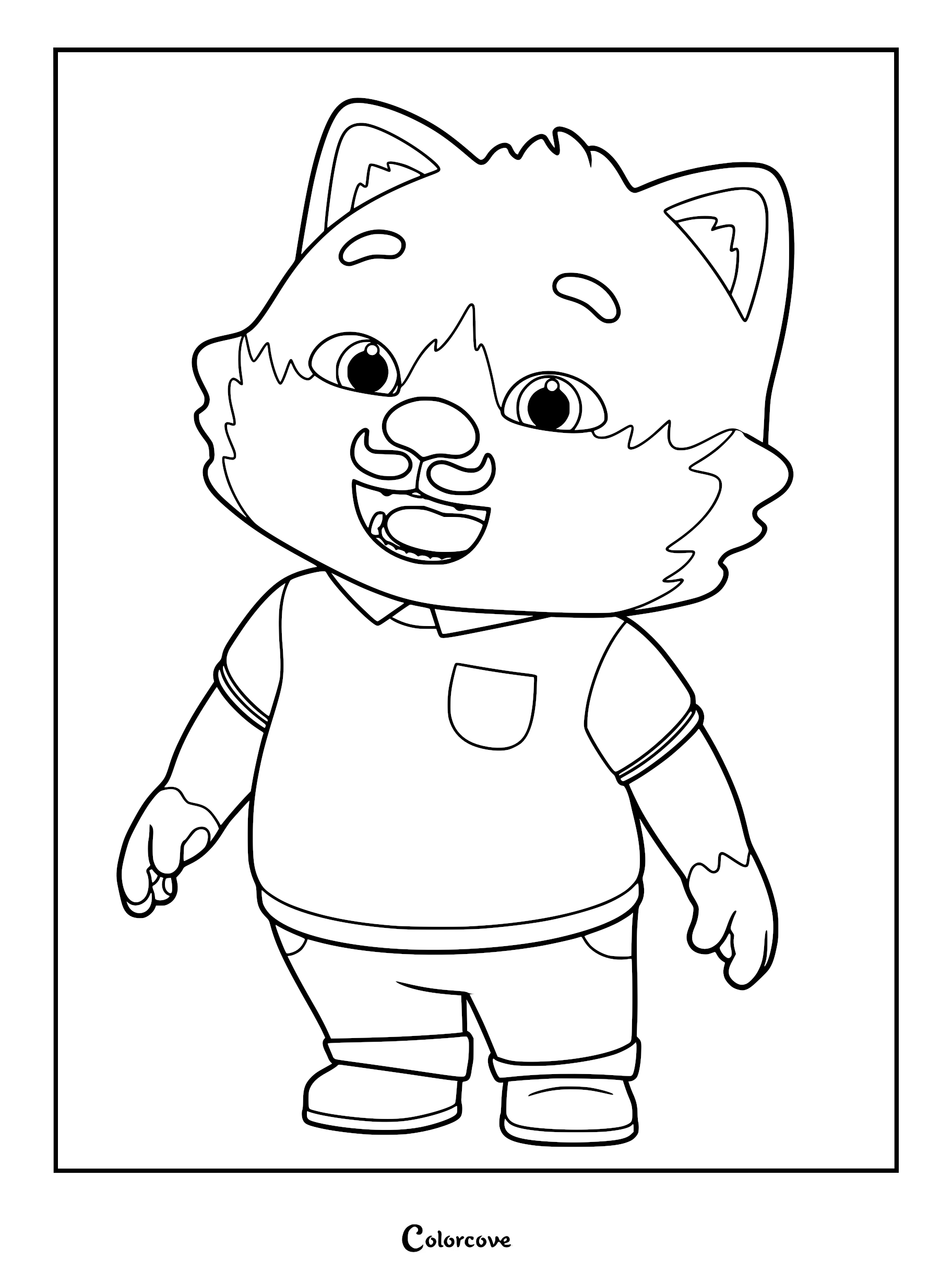 Daddy Cat from the MeowMi Family Show standing and smiling, printable coloring page featuring the mustachioed cat character wearing a collared shirt and pants.