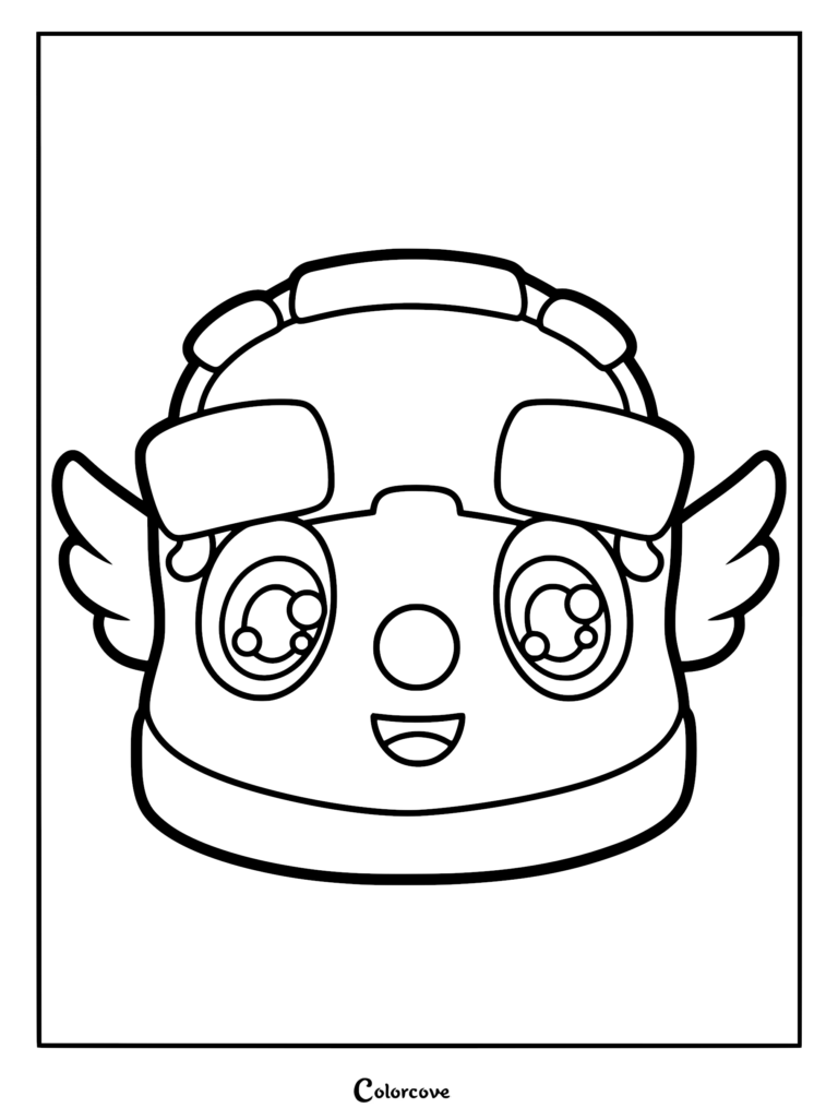 A printable coloring page featuring the face of Dudu the bus from BabyBus with large expressive eyes and small wings.