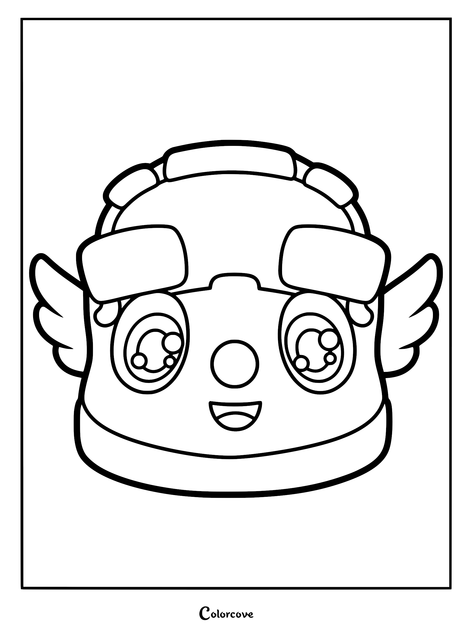 A printable coloring page featuring the face of Dudu the bus from BabyBus with large expressive eyes and small wings.