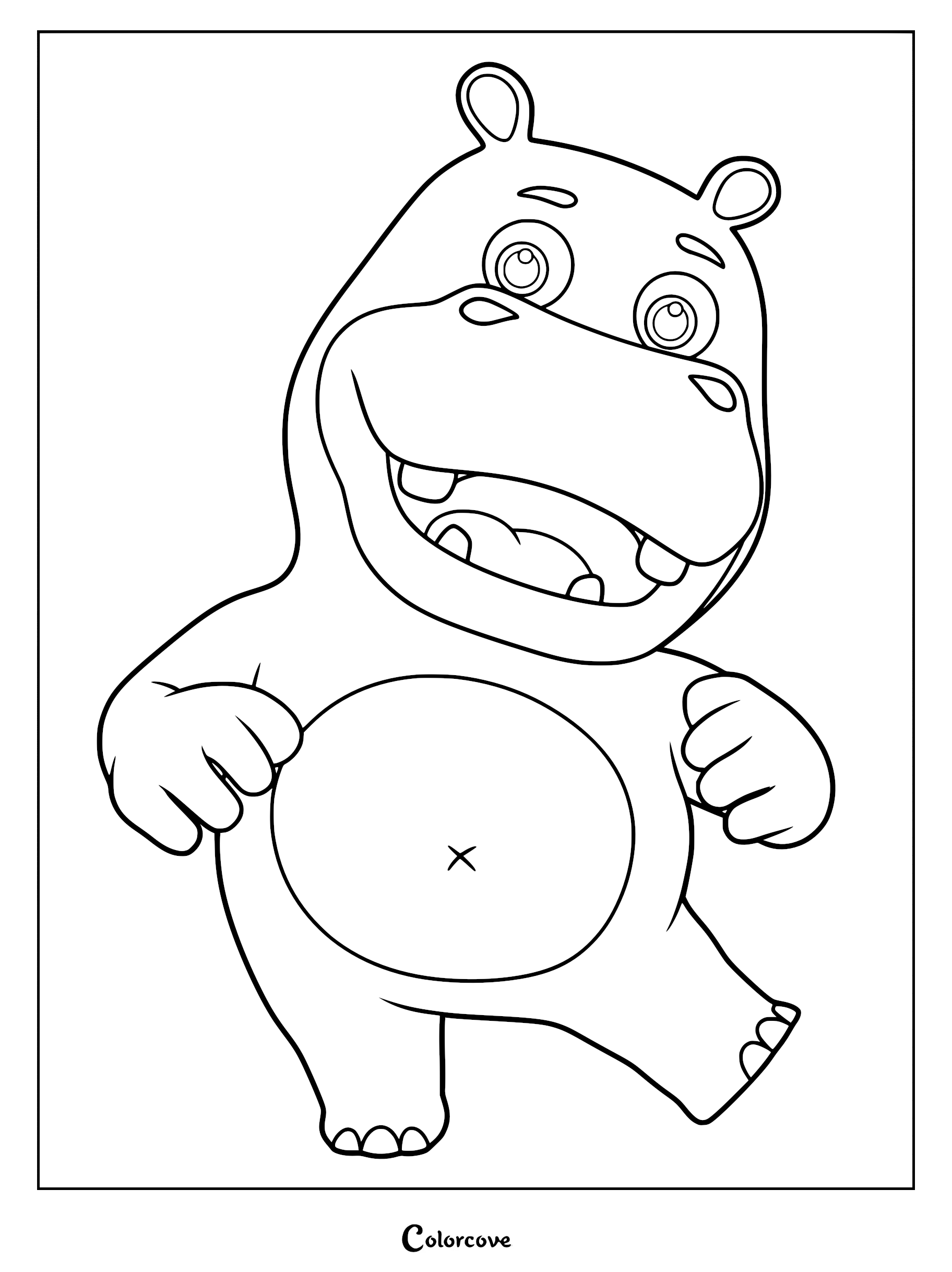 A printable coloring page featuring Hank the Hippo from BabyBus standing and smiling happily.
