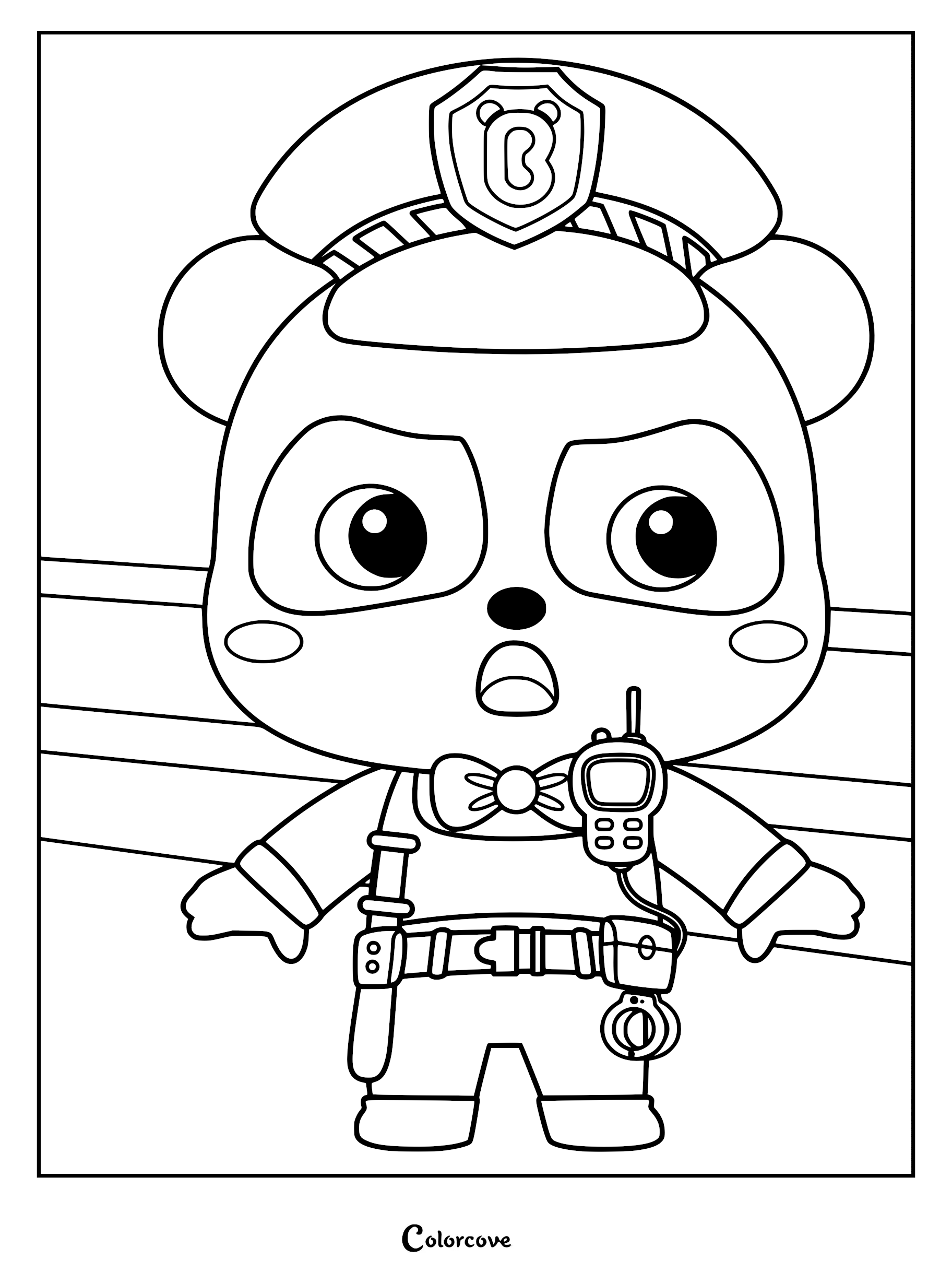 Kiki from BabyBus dressed in a police uniform with a badge, bow tie, and walkie-talkie, ready for duty in this printable coloring page.