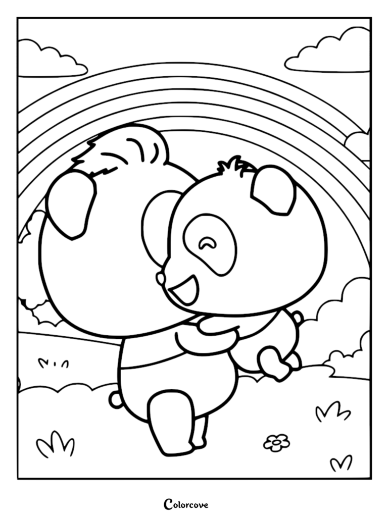 Kiki the panda happily hugging his dad in a grassy field with a large rainbow in the background, printable coloring page.