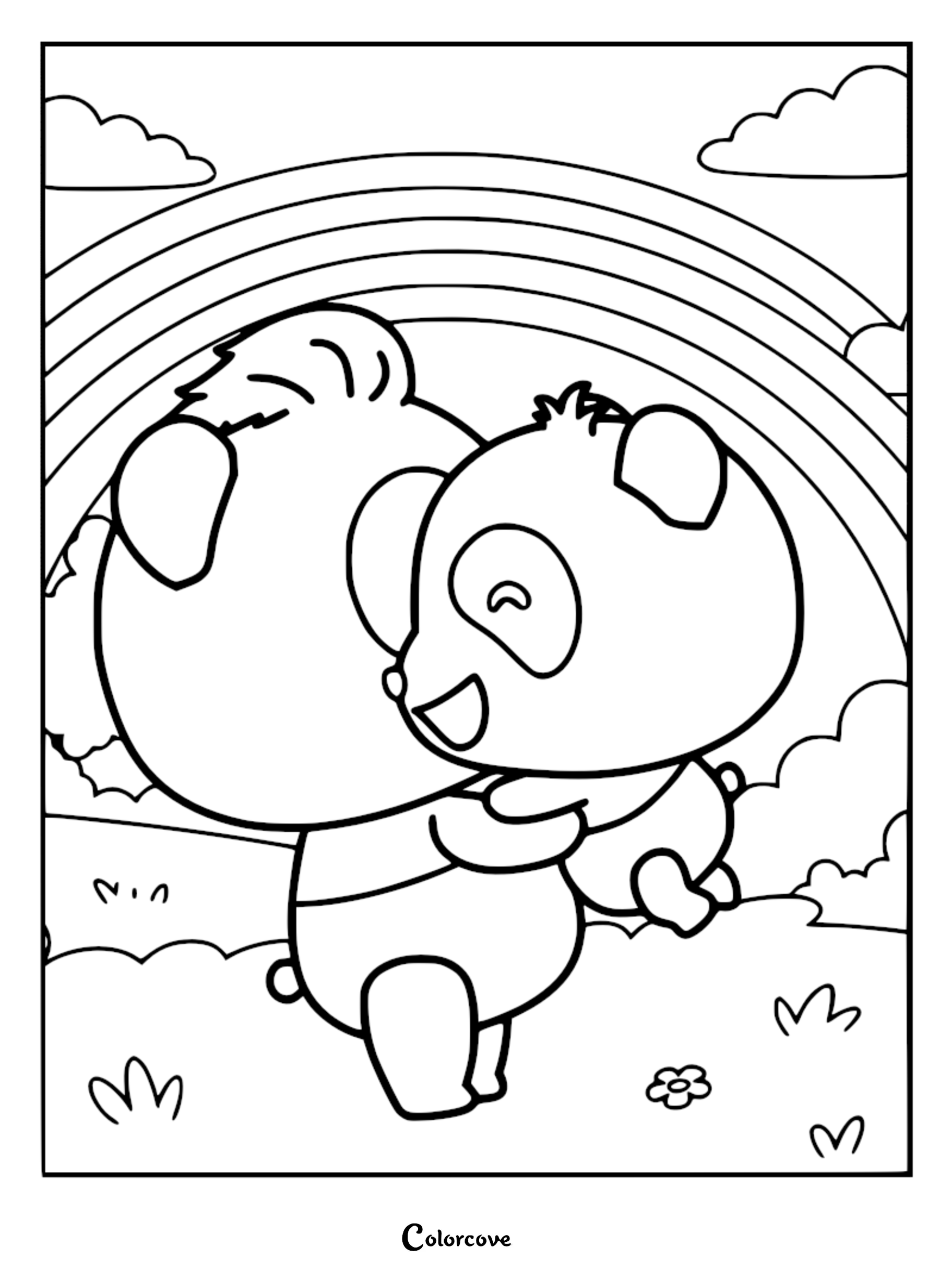 Kiki the panda happily hugging his dad in a grassy field with a large rainbow in the background, printable coloring page.