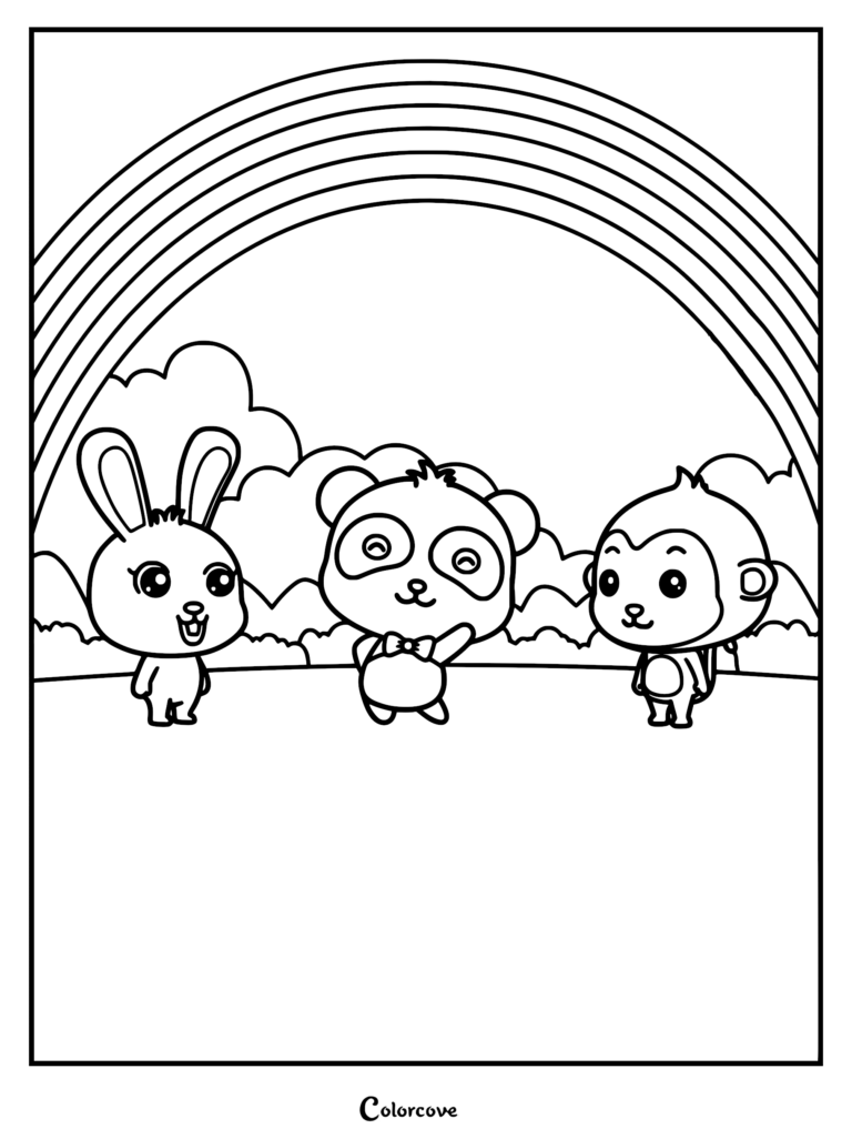 Printable coloring page featuring Kiki the panda, Momo the rabbit, and Alan the monkey standing together under a large rainbow in a grassy field.