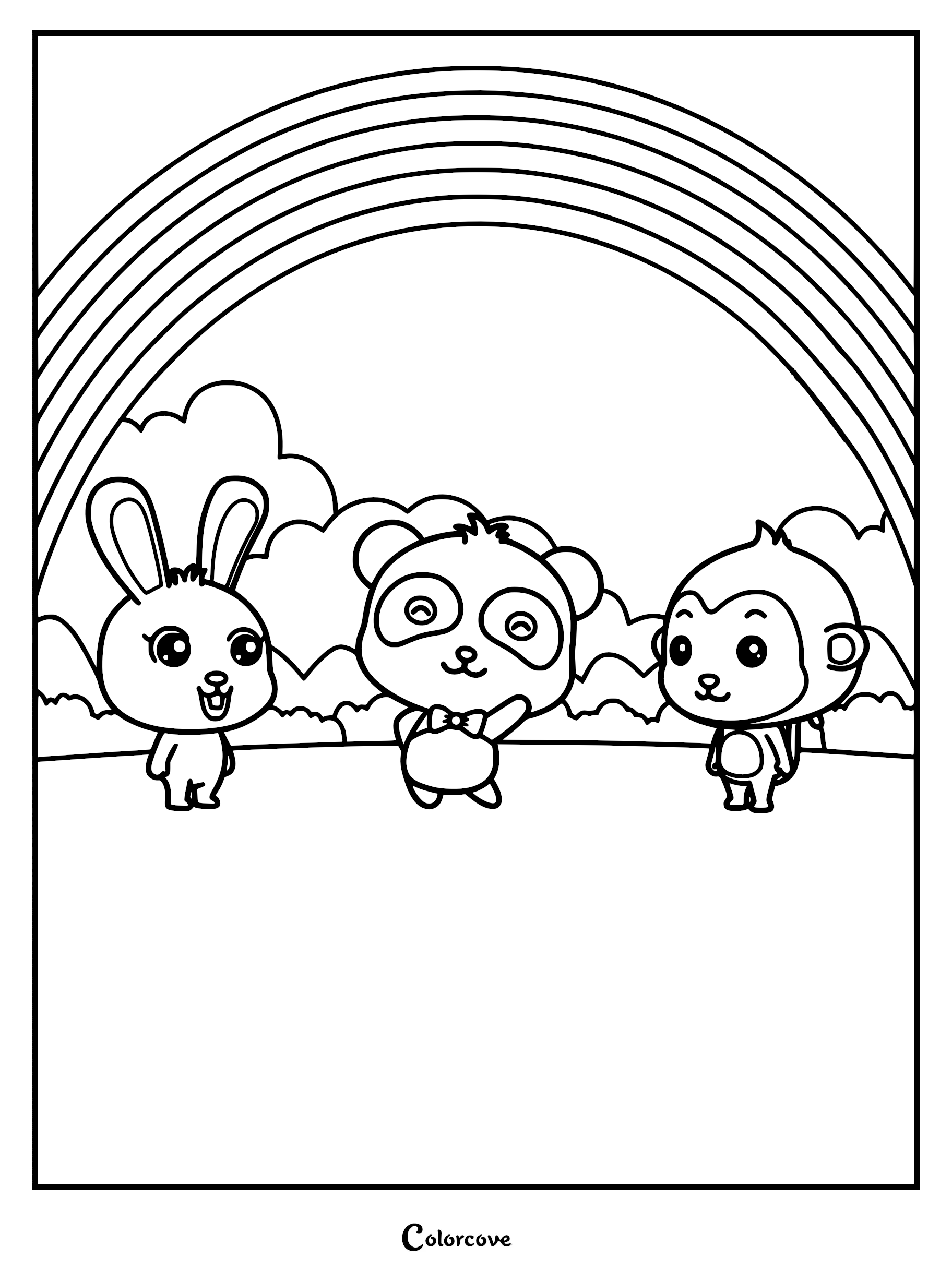 Printable coloring page featuring Kiki the panda, Momo the rabbit, and Alan the monkey standing together under a large rainbow in a grassy field.