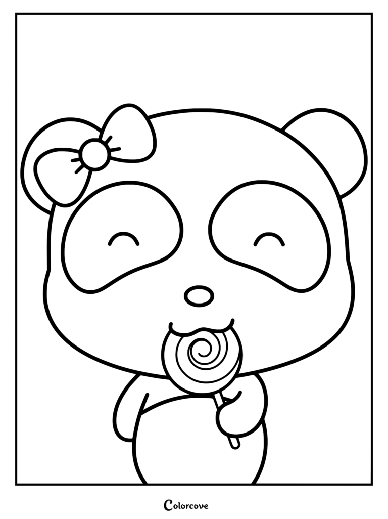 Miumiu from BabyBus smiling while eating a swirl lollipop in this printable coloring page.