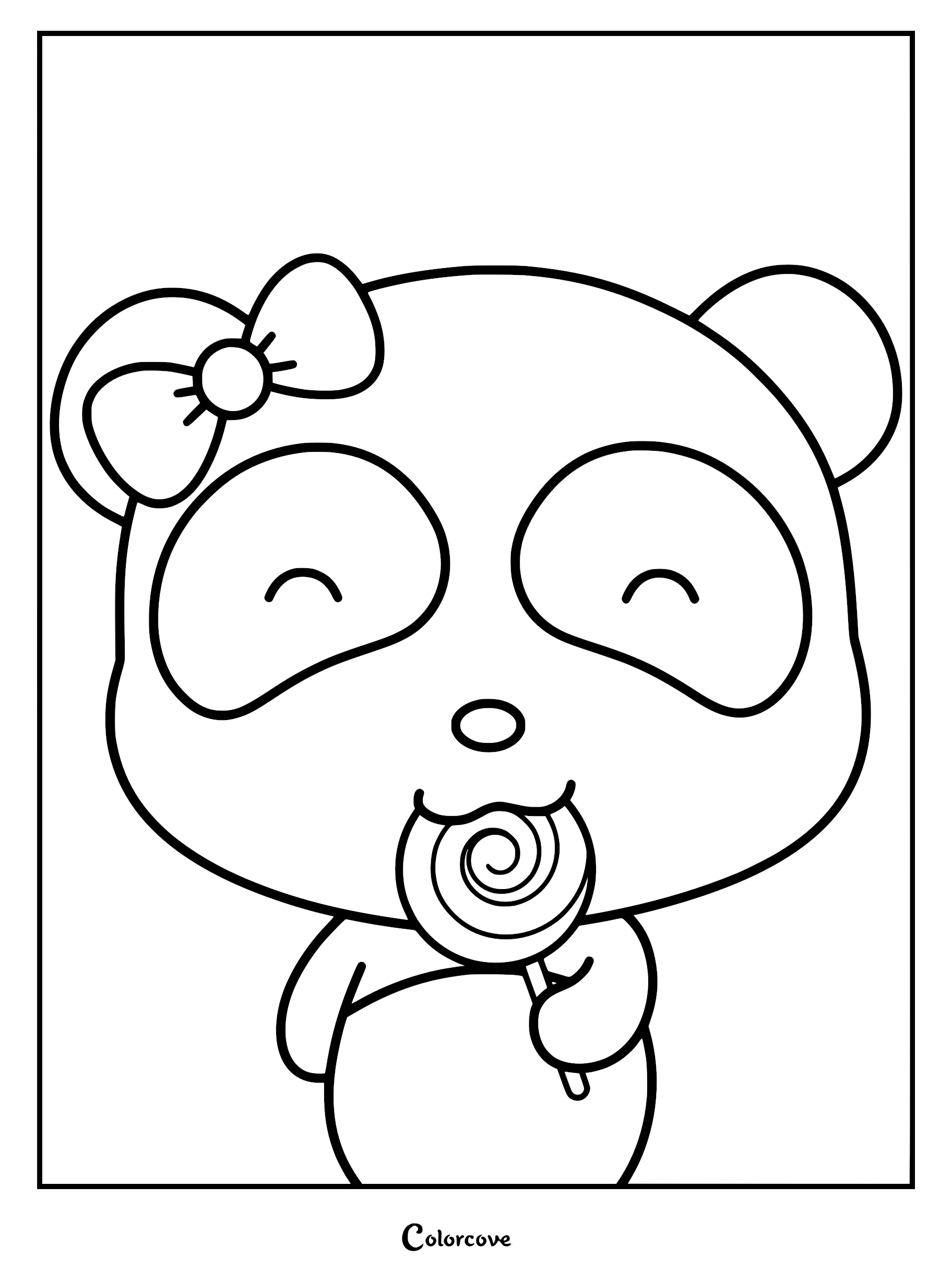 Miumiu from BabyBus smiling while eating a swirl lollipop in this printable coloring page.