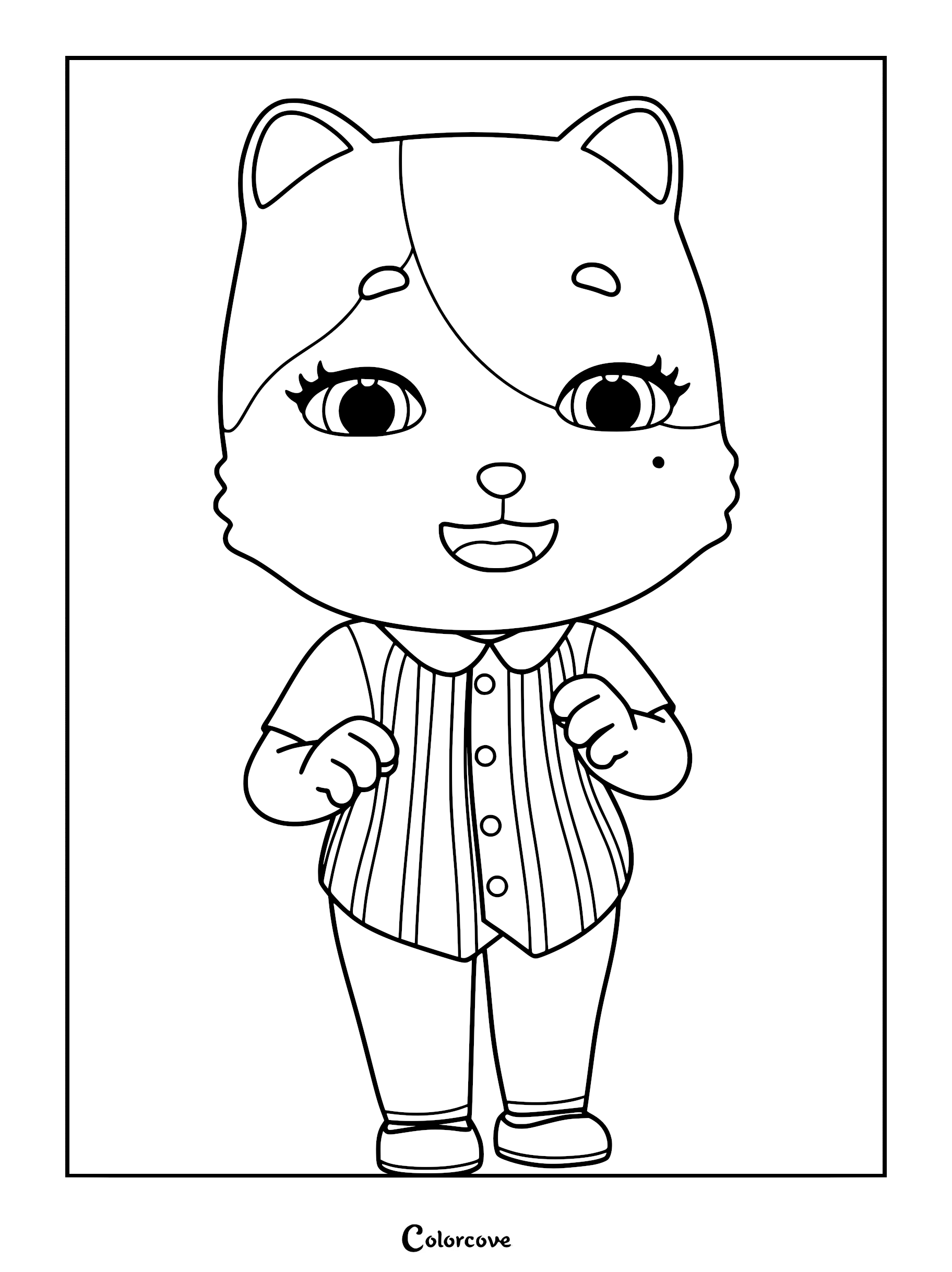 A printable coloring page featuring Mommy Cat from the MeowMi Family Show, standing and smiling in her striped shirt.