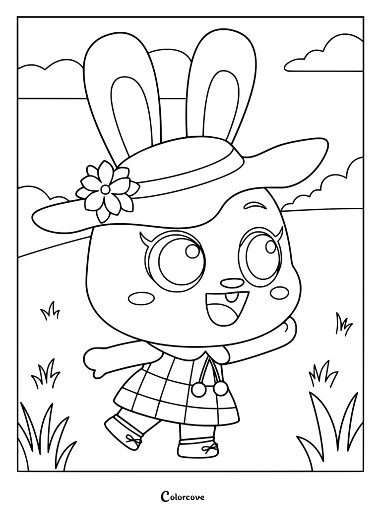 Momo the Rabbit wearing a flower-adorned sun hat and a plaid dress in a grassy field, printable coloring page.