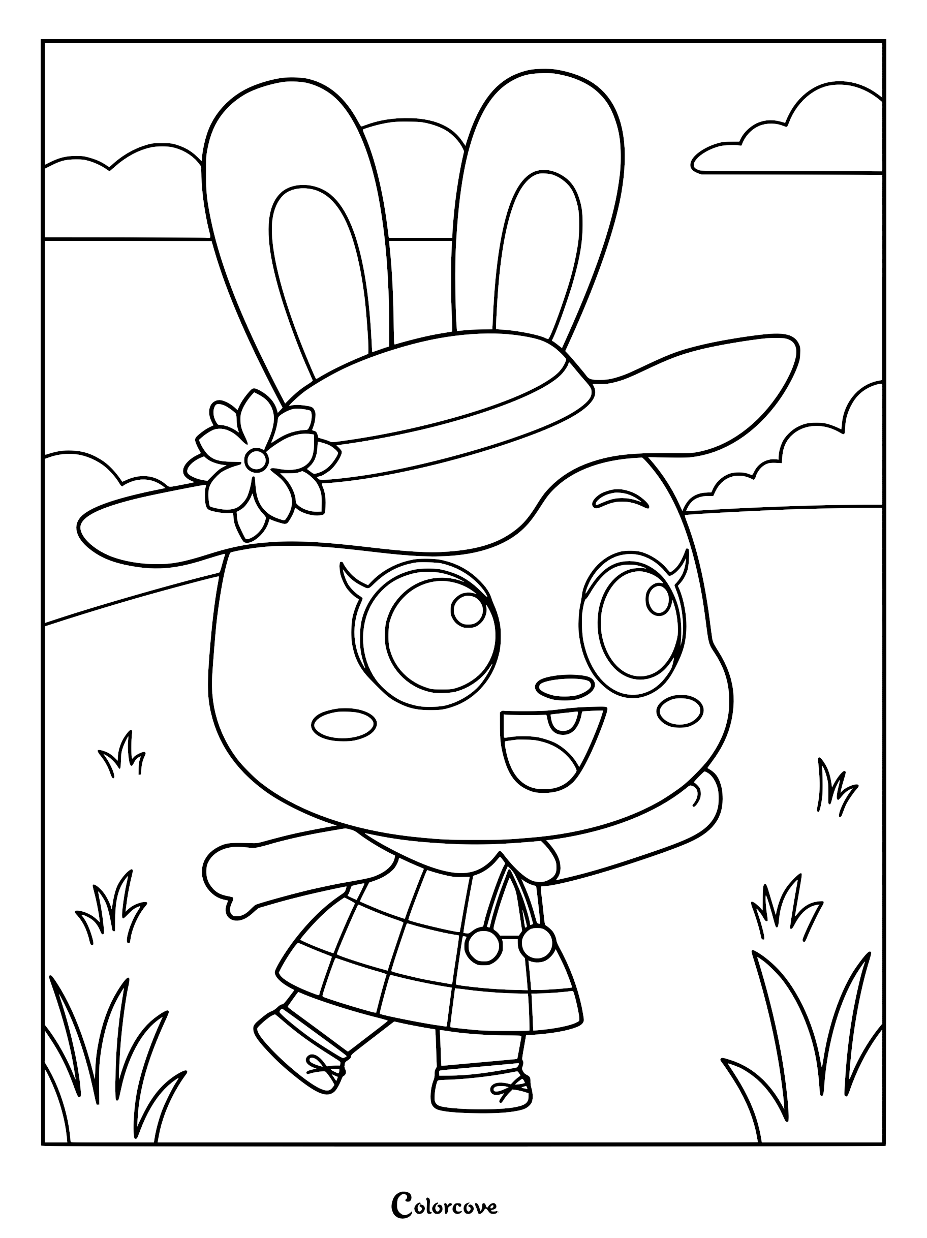 Momo the Rabbit wearing a flower-adorned sun hat and a plaid dress in a grassy field, printable coloring page.