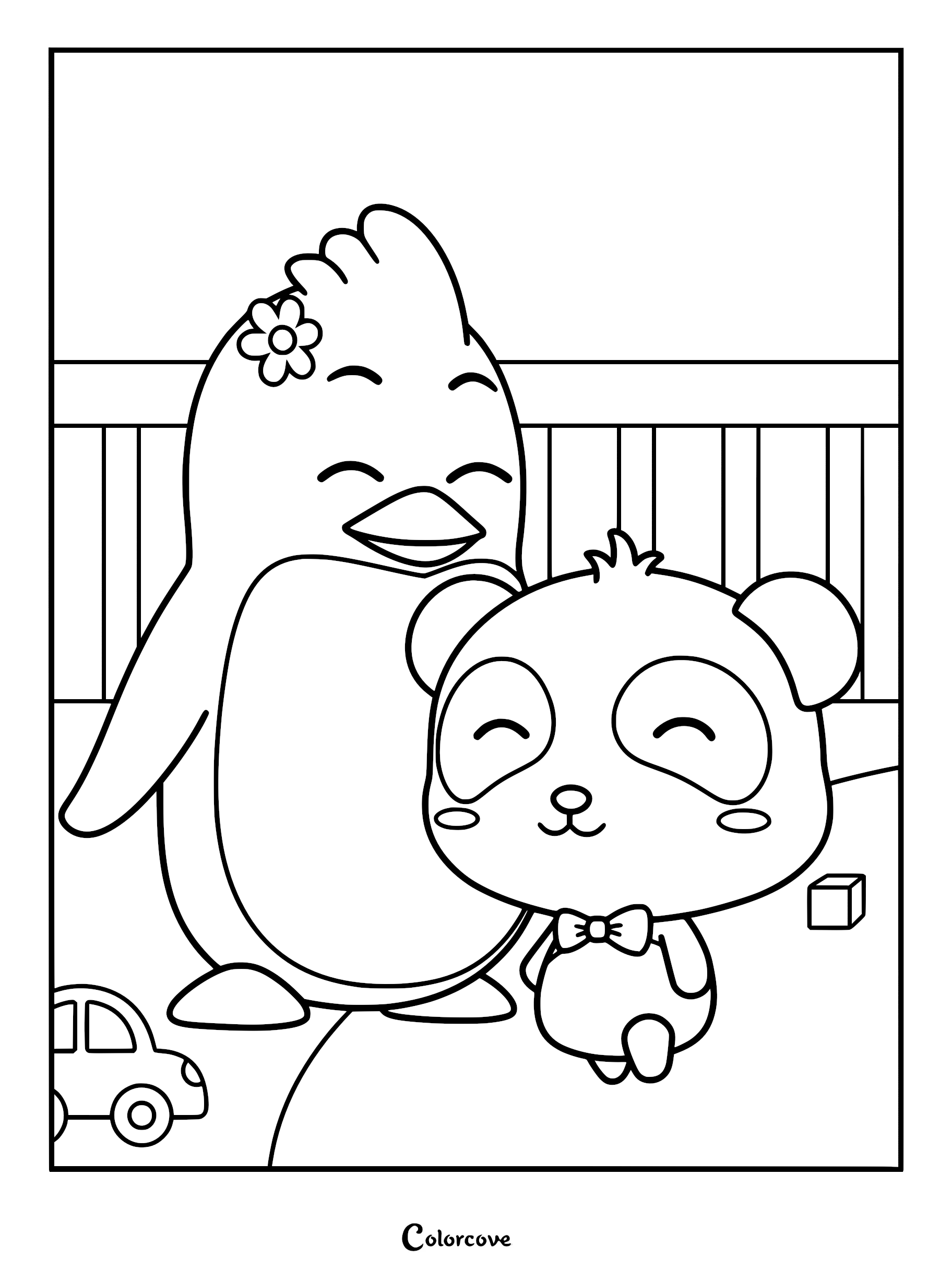Rudolph's mom smiling happily at Kiki in this BabyBus coloring page featuring a toy car and block.
