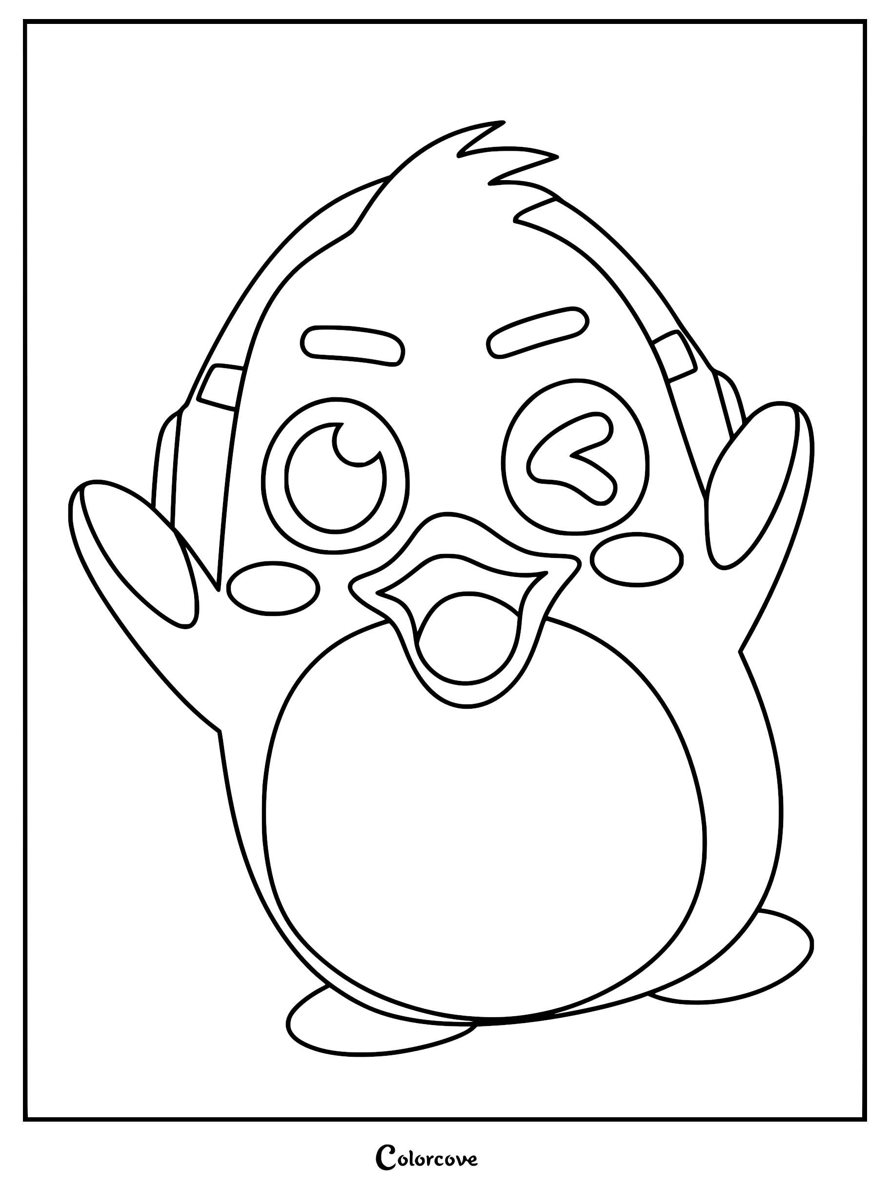 Rudolph the penguin wearing headphones in a cheerful pose, featured on a printable coloring page.