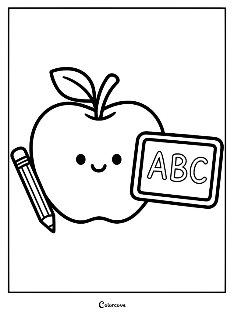 A cute kawaii apple character with a pencil and an ABC chalkboard in this back to school coloring page.