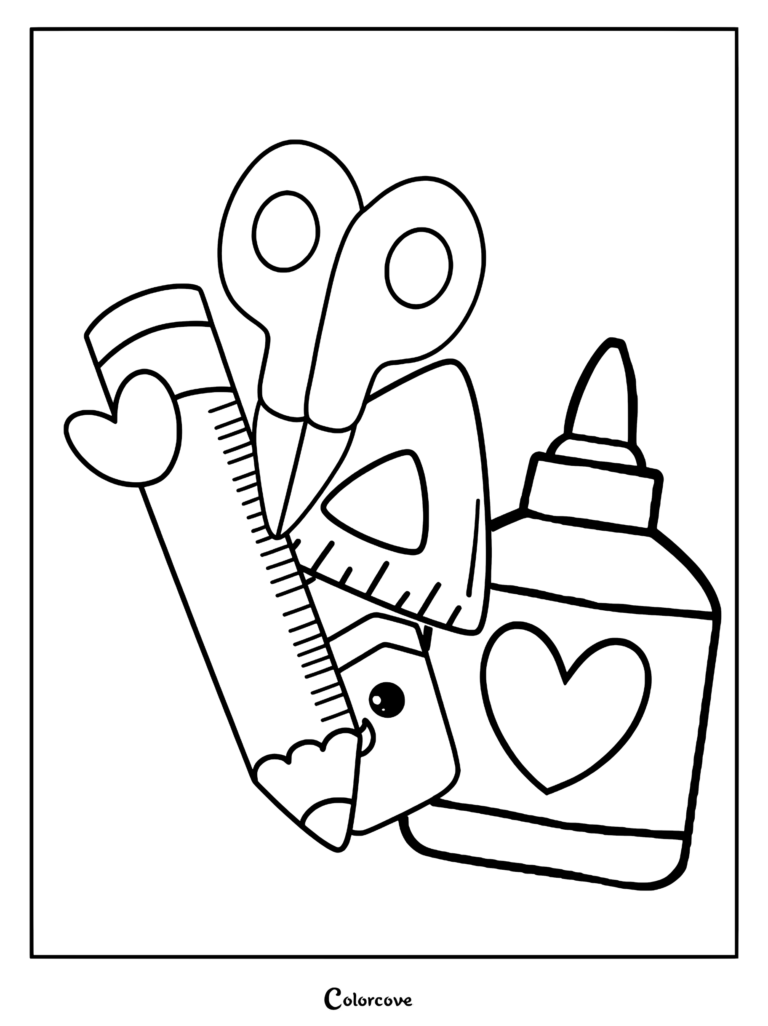 A cute coloring page featuring a kawaii pencil, scissors, triangle ruler, and a glue bottle with a heart design.