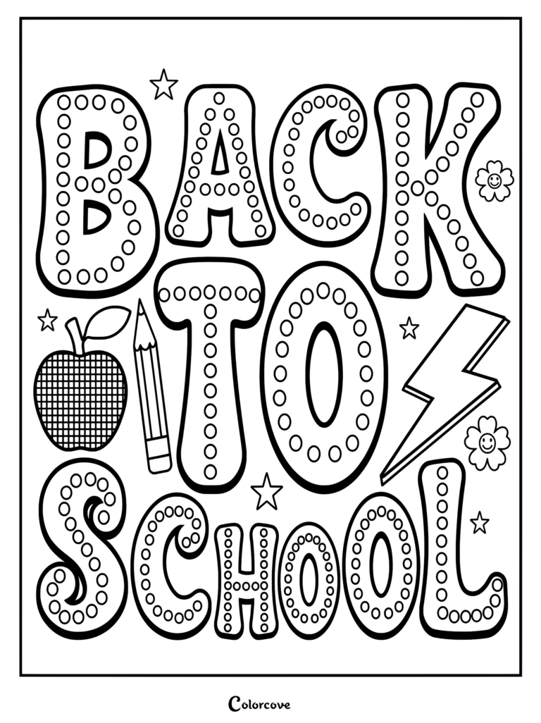 Back To School bubble letter coloring page featuring a pencil, apple, lightning bolt, and stars.
