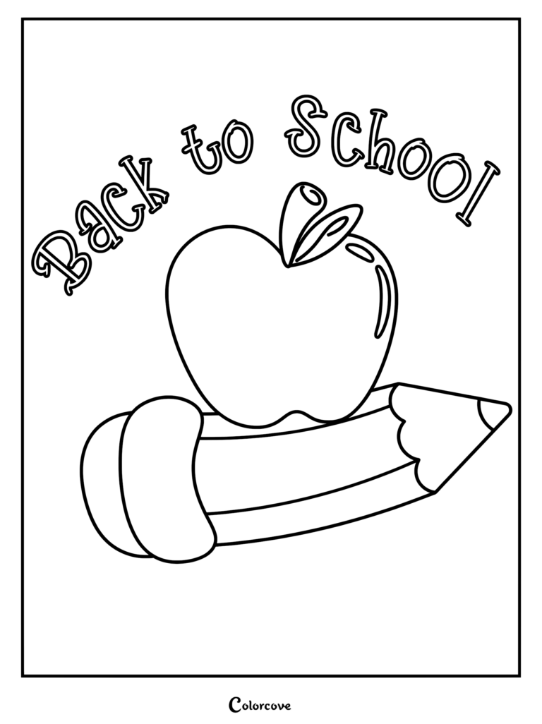 Back to School coloring page featuring a large apple resting on a wooden pencil with bold lettering.