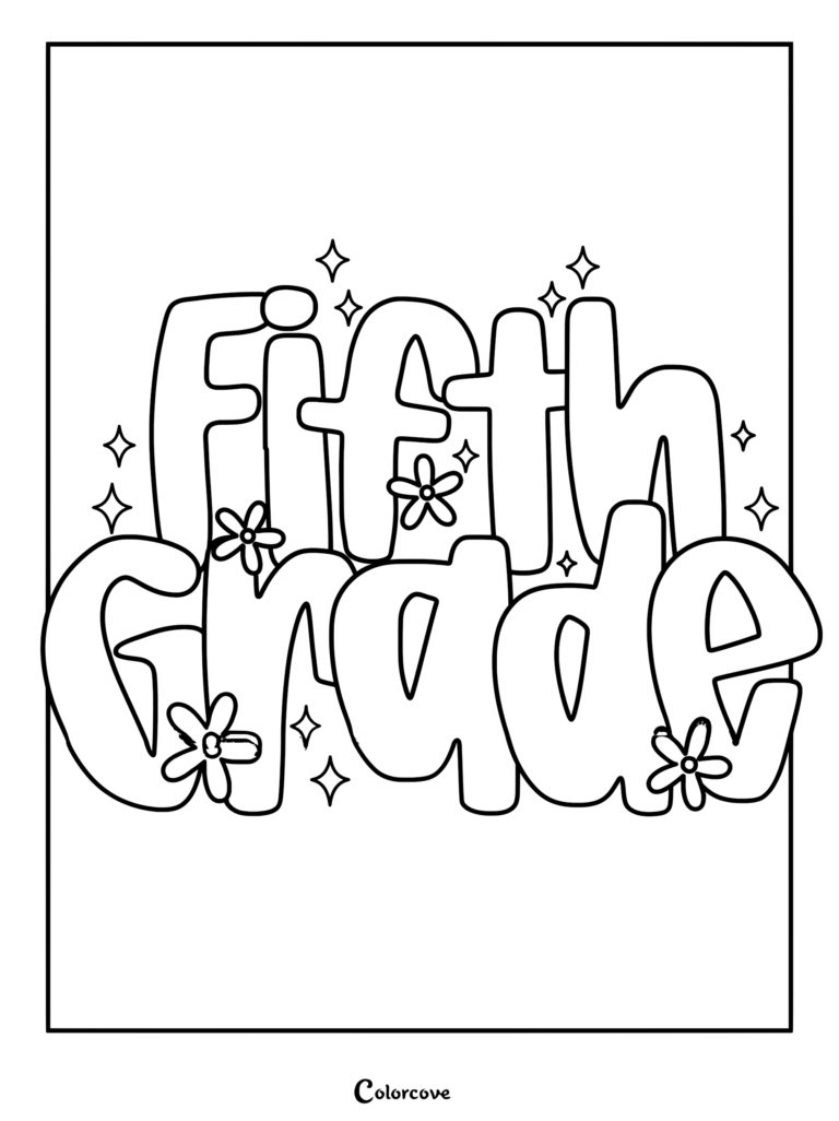 Fifth Grade text in bubble letters decorated with flowers and stars on a coloring page.