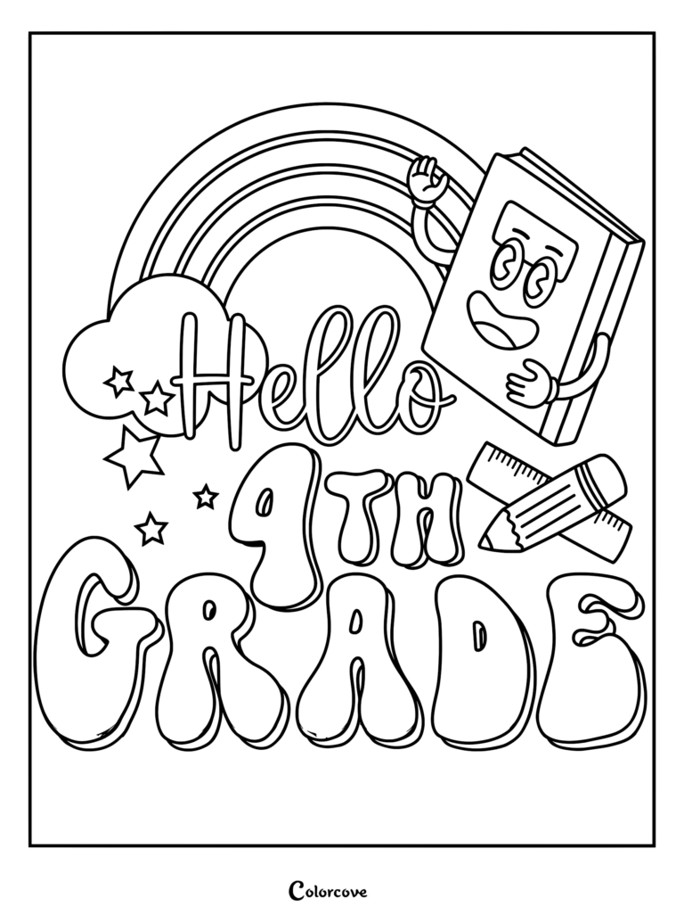 Hello 4th Grade coloring page featuring a smiling book character, a rainbow, stars, a pencil, and a ruler.