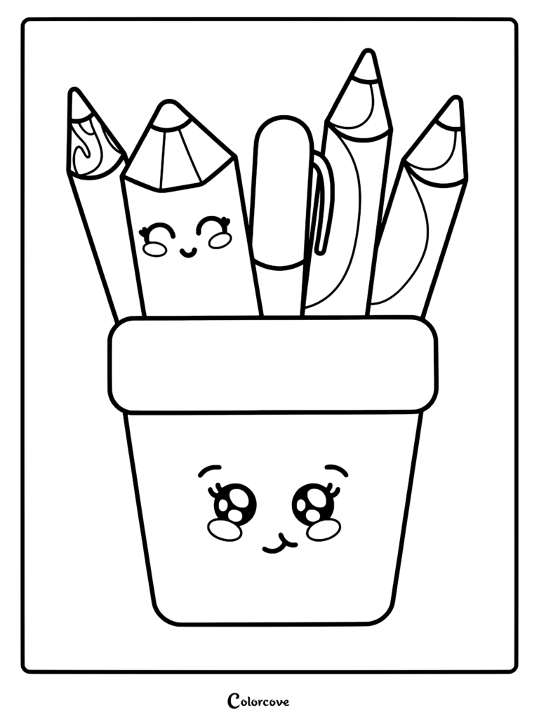 A cute kawaii pencil holder with a smiling face containing four pencils and a pen, presented as a printable coloring page.