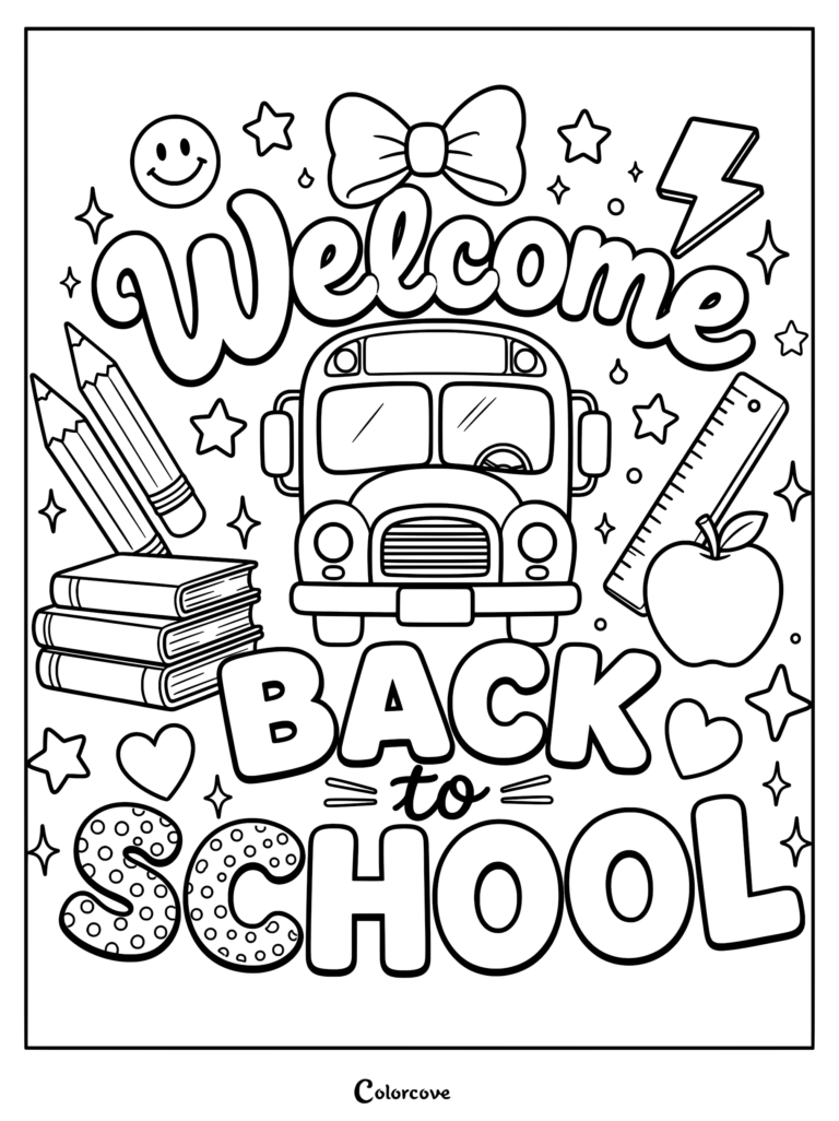 A Back To School coloring page featuring a school bus, stack of books, pencils, ruler, apple, and decorative elements like a bow, smiley face, and lightning bolt.