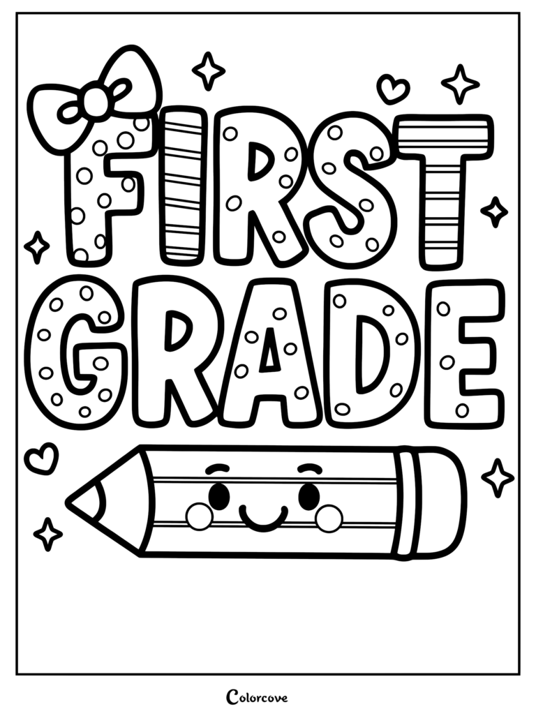 First Grade text with a bow and a cute smiling pencil character coloring page