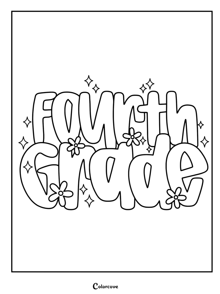 Bubble letter text reading Fourth Grade decorated with small flowers and sparkling stars in a coloring page format.