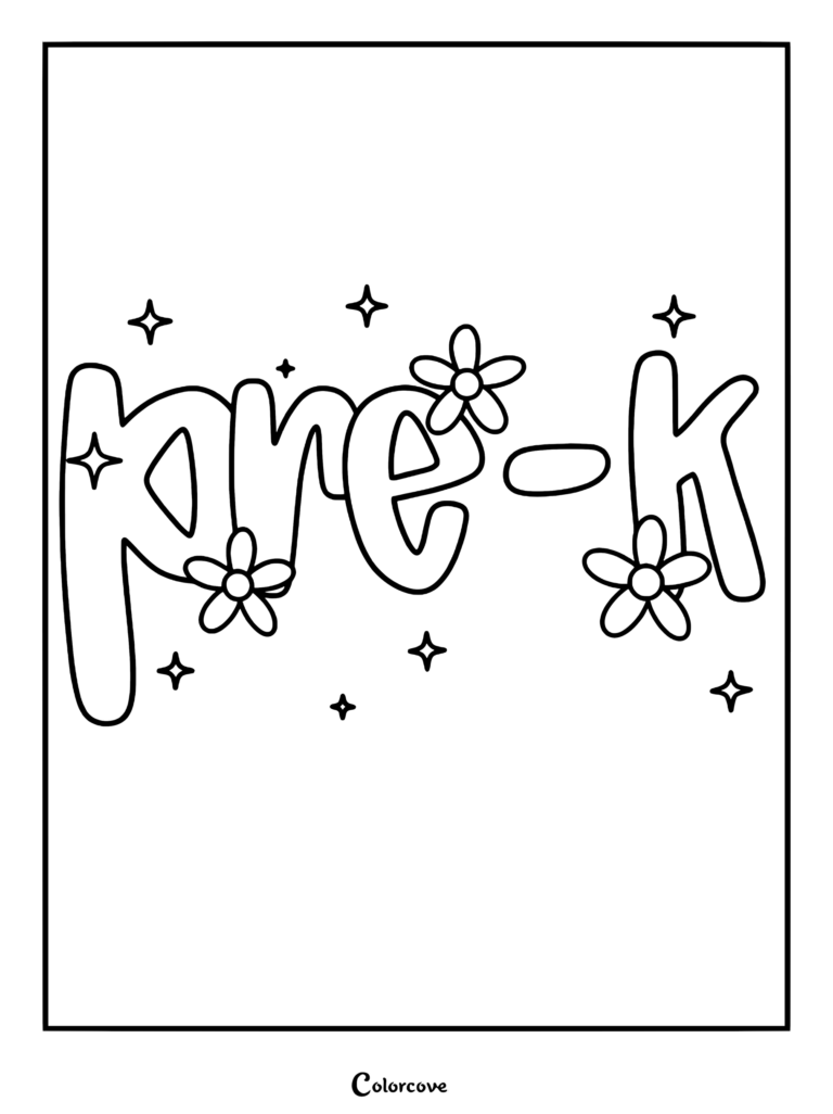 A Pre-K lettering coloring page featuring bubble letters decorated with flowers and sparkling stars.