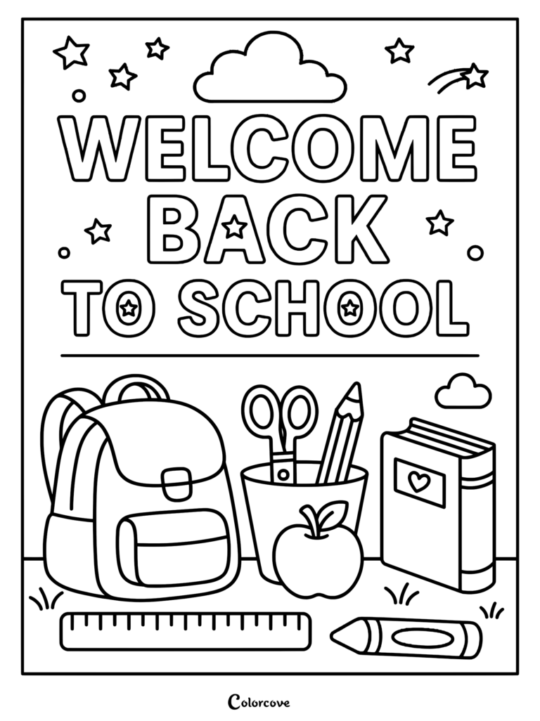 Welcome Back To School coloring page featuring a backpack, pencil cup with scissors and pencil, a heart-adorned book, an apple, a ruler, and a crayon under stars and clouds.