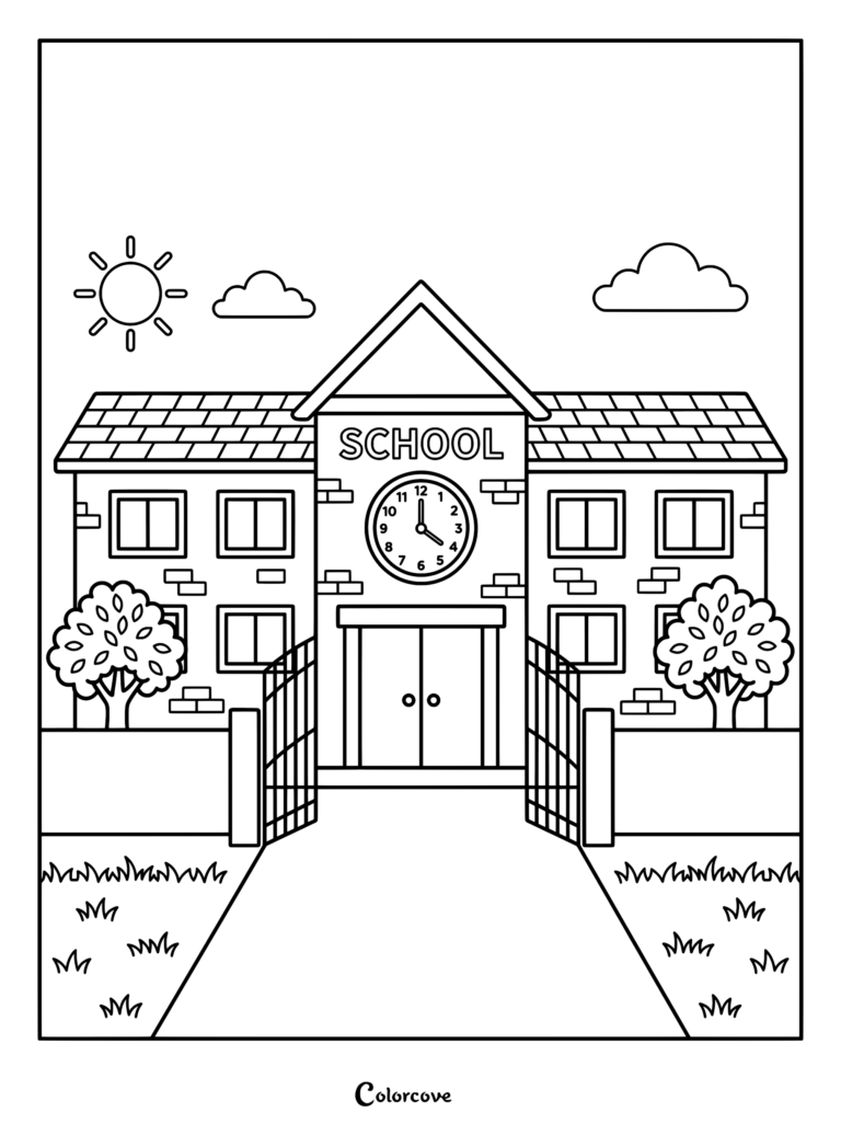 A line art coloring page of a school building with a large clock, open gates, trees, and a sunny sky.