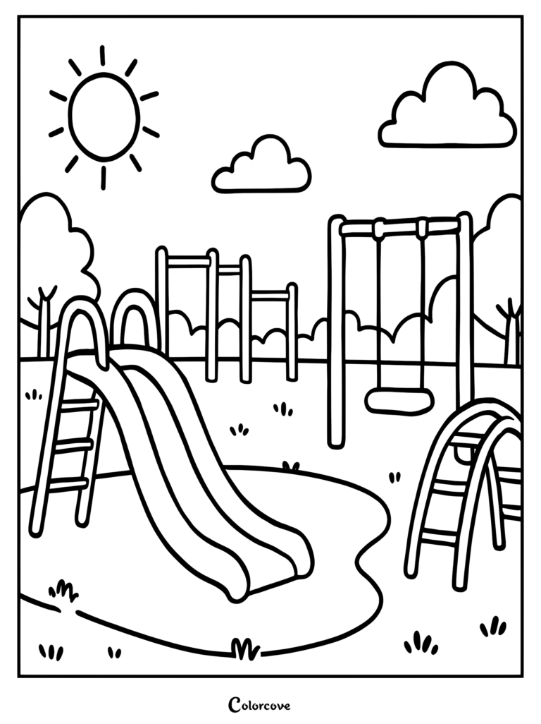 Back to school playground coloring page featuring a slide, swing set, and climbing arch under a sunny sky.