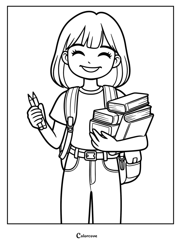A happy girl with a bob haircut wearing a backpack and holding a stack of books and two pencils in this back to school coloring page.