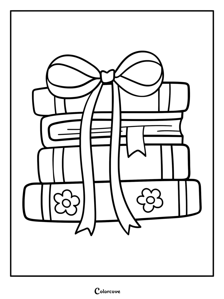 A stack of three books tied together with a large decorative bow, featuring floral patterns on the bottom book, presented as a printable coloring page.