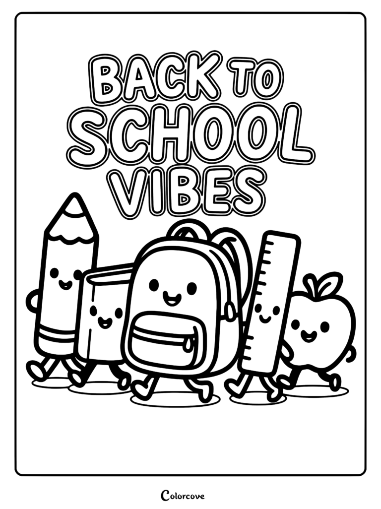 Kawaii pencil, book, backpack, ruler, and apple characters walking together on a Back To School Vibes coloring page.