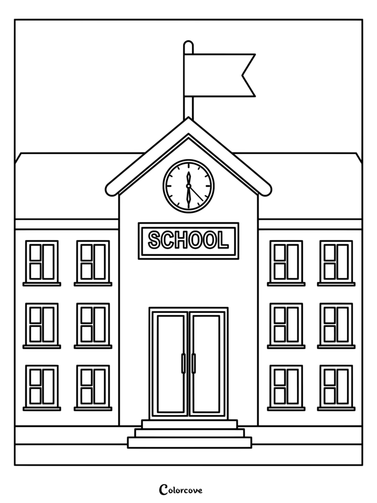 A simple line art coloring page of a school building with a clock tower, flag, and double doors.