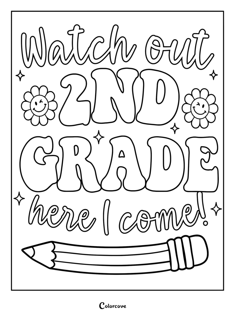 Watch Out 2nd Grade Here I Come coloring page featuring retro bubble lettering, smiling daisy flowers, and a pencil graphic.