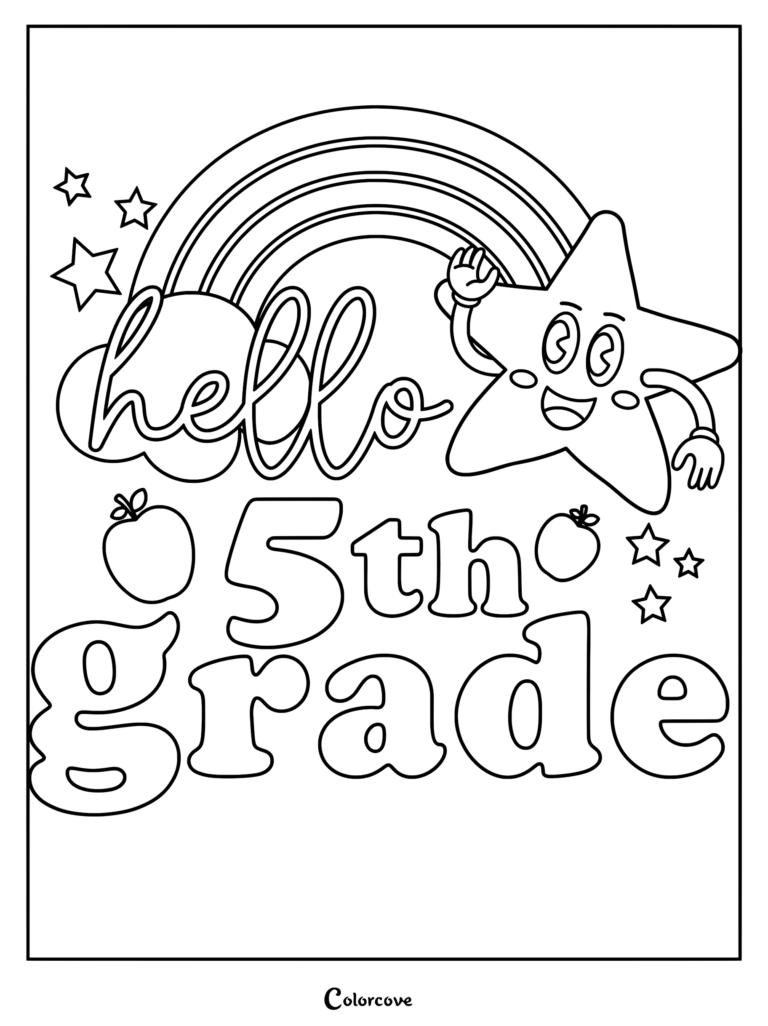 A Hello 5th Grade coloring page featuring a smiling cartoon star waving next to a rainbow, clouds, and apples.
