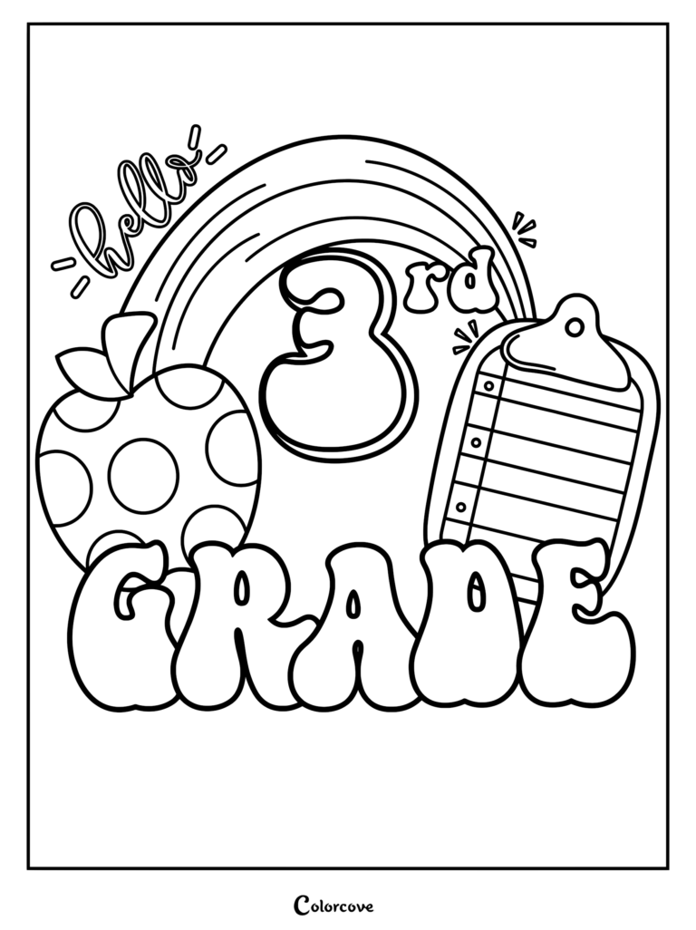 Hello 3rd Grade coloring page featuring a rainbow, a polka dot apple, and a clipboard with lined paper.